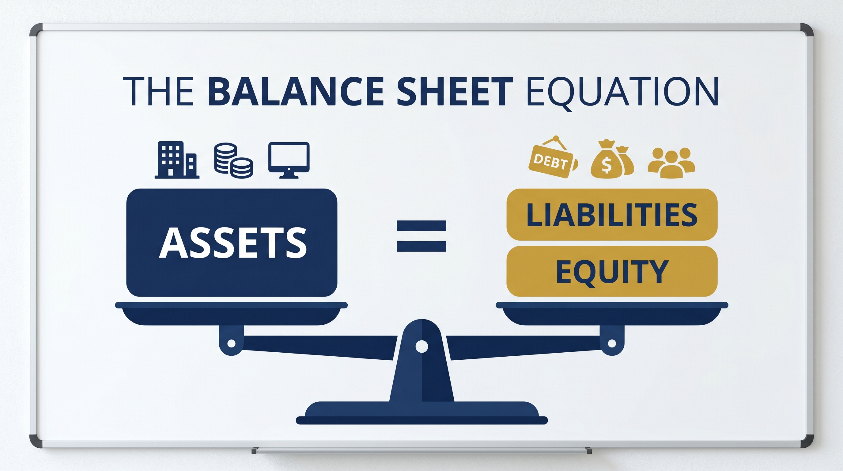Whiteboard diagram of the balance sheet equation, assets equal to liabilities plus equity
