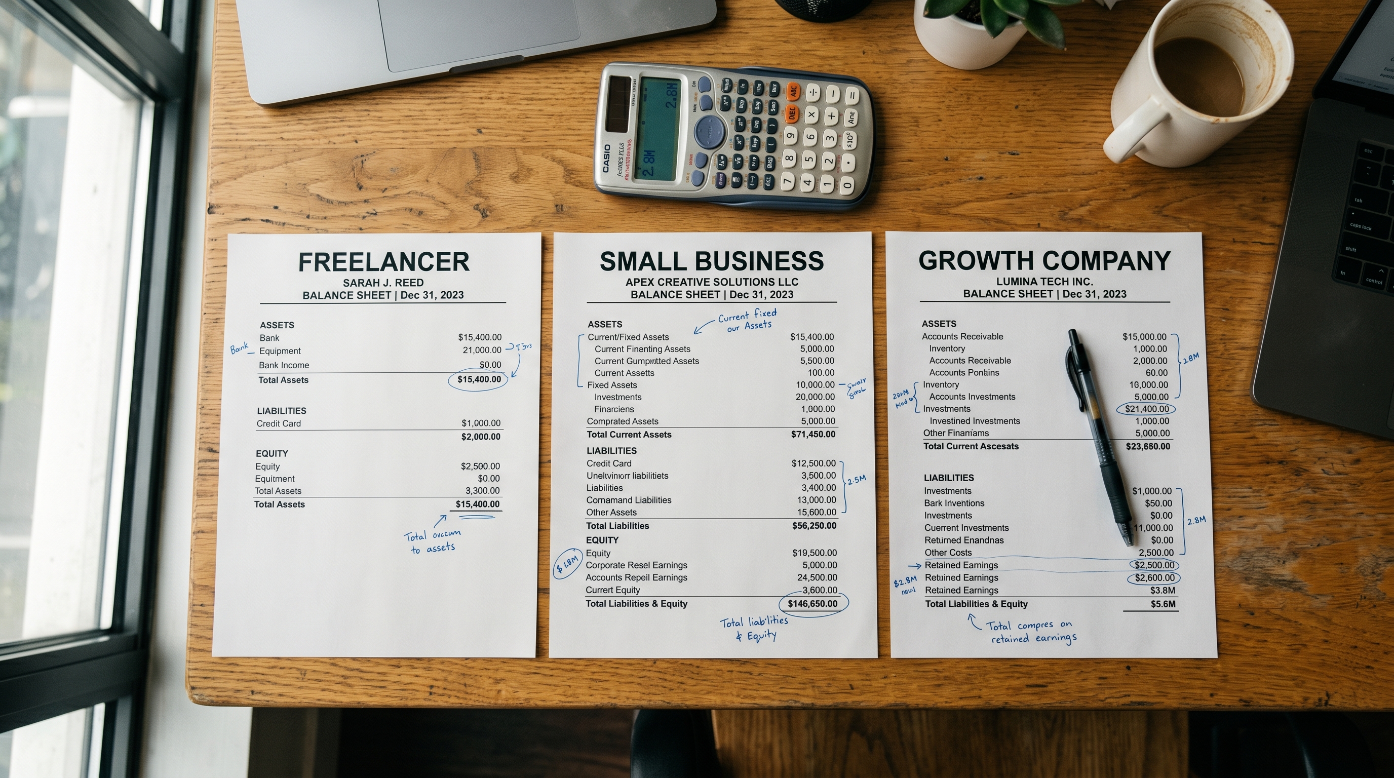 Three sample balance sheets side by side for a freelancer, small business and growth company