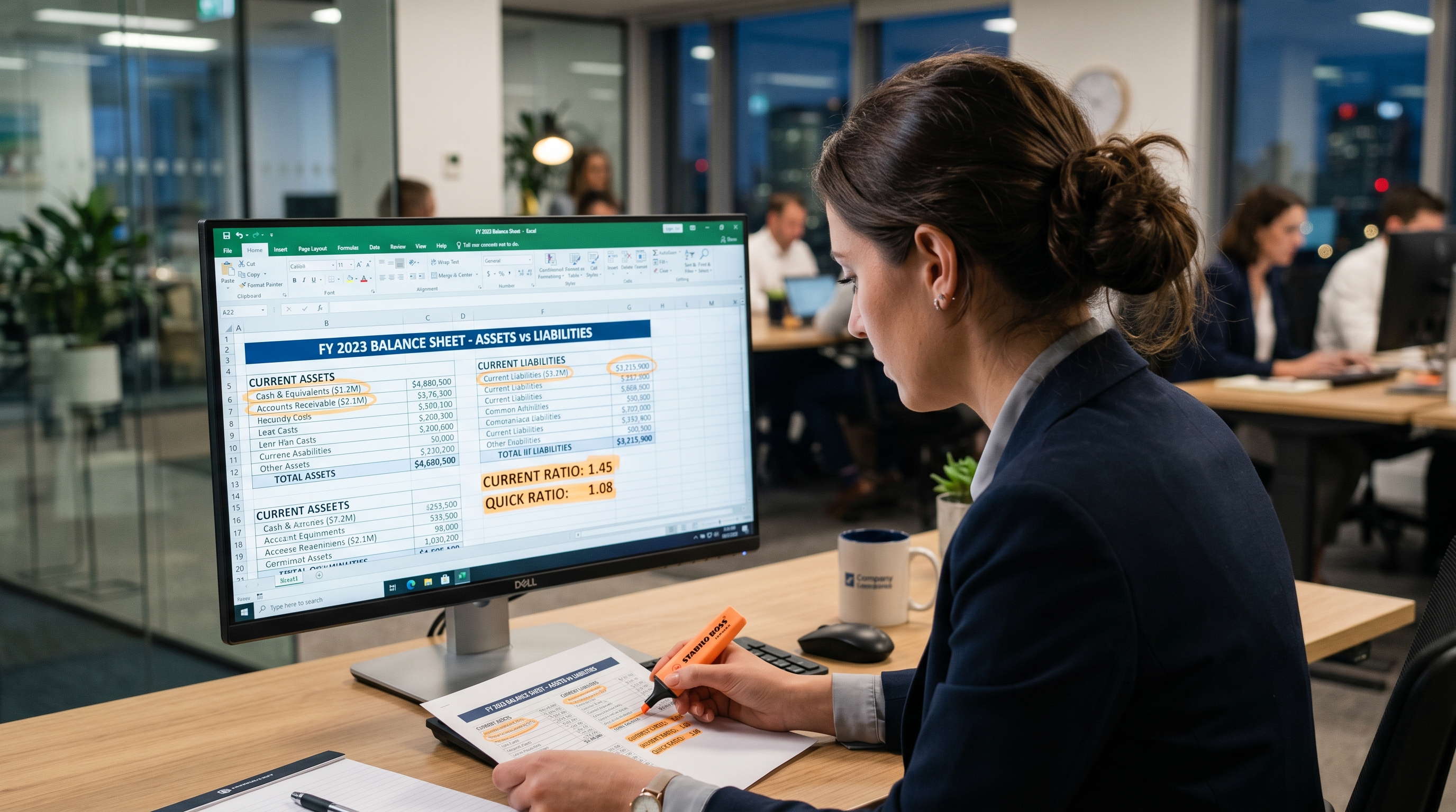 Analyst comparing current assets and current liabilities on a balance sheet to gauge liquidity