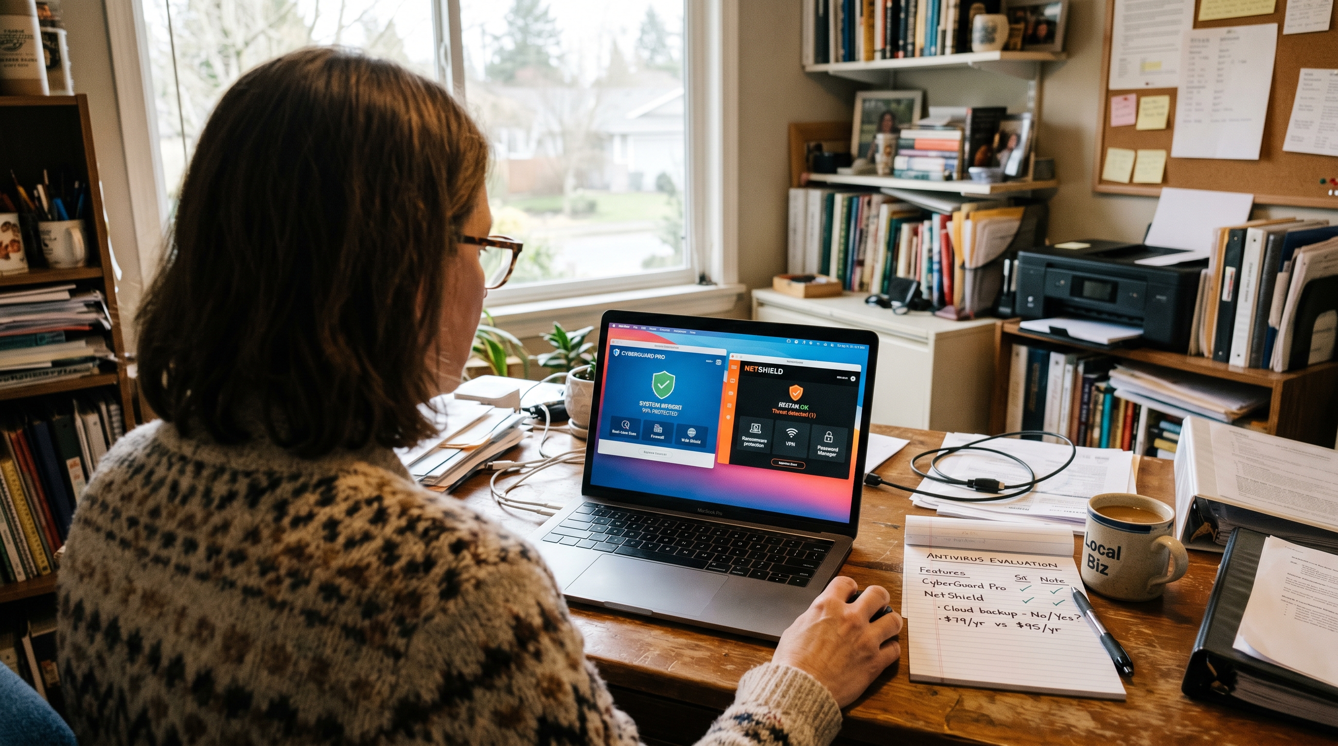 Over-the-shoulder shot of a small business owner comparing two antivirus dashboards side by side on a laptop