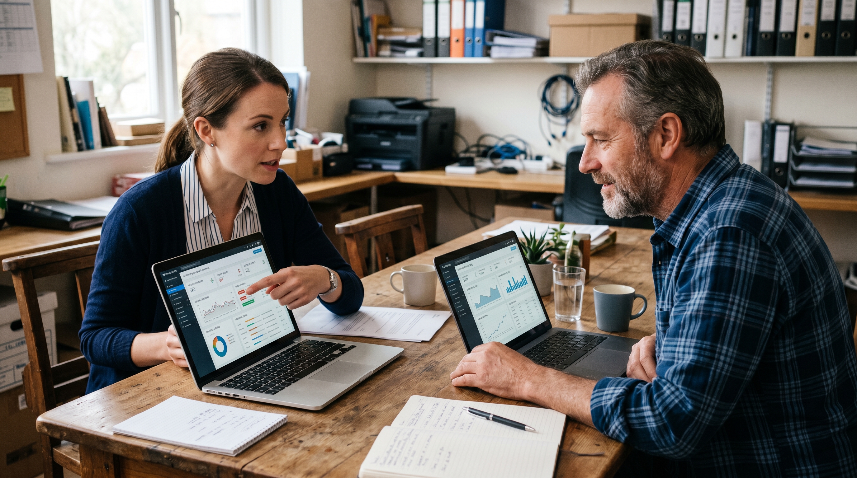 An IT consultant and a shop owner at a wooden table with two laptops showing different security management