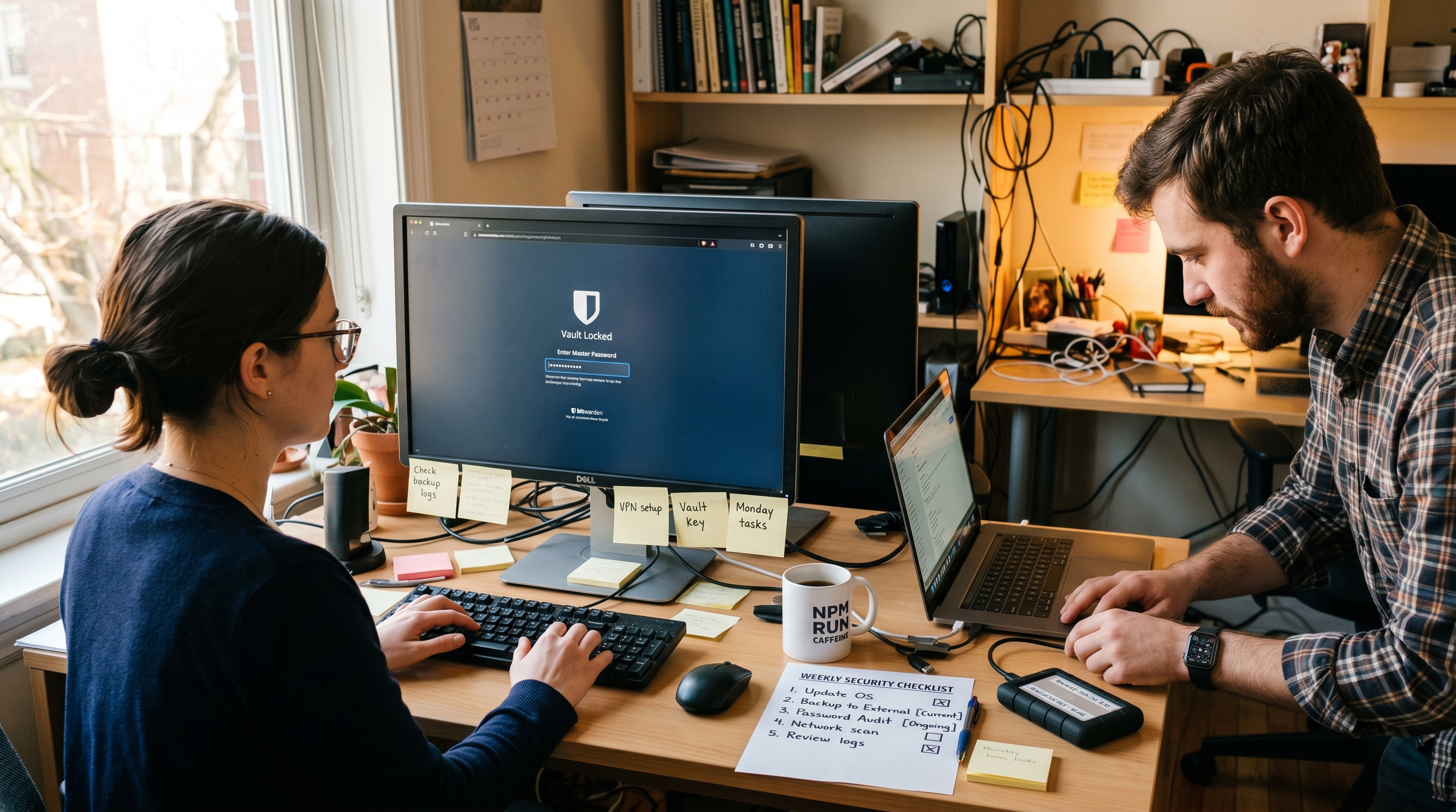 A small team in a compact office: one employee unlocking a password manager vault on a desktop monitor while a