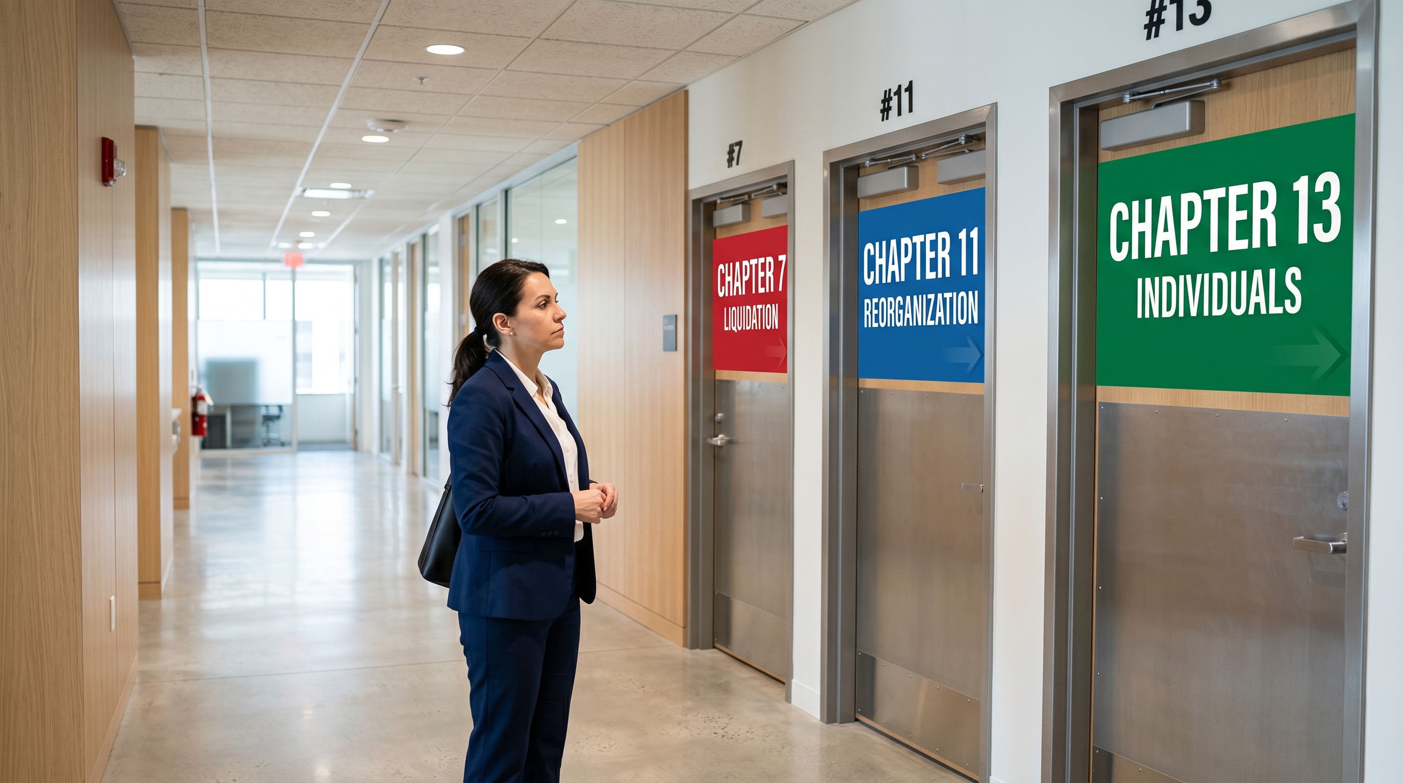 Business owner deciding between Chapter 7, 11 and 13 bankruptcy paths shown as three office doors