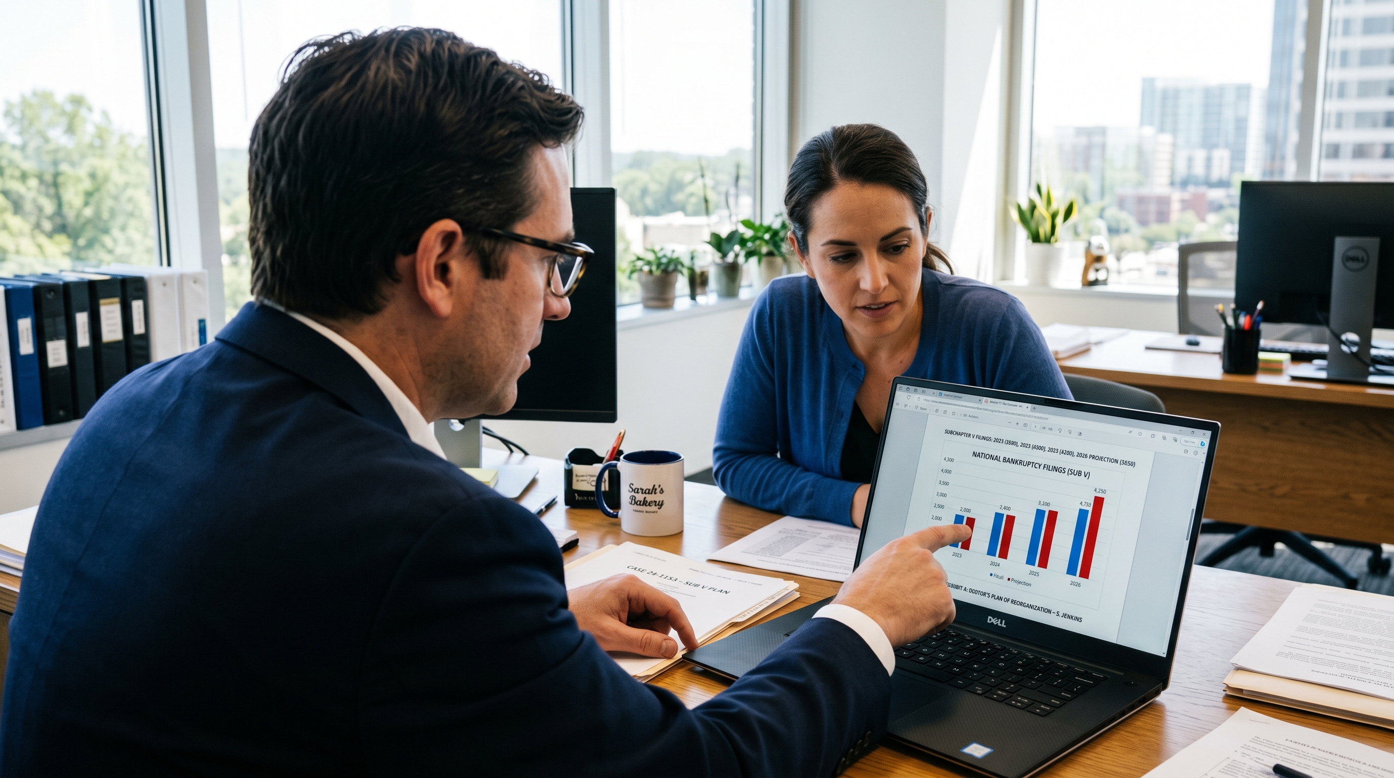 Small business owner and attorney reviewing Subchapter V reorganization filing options together