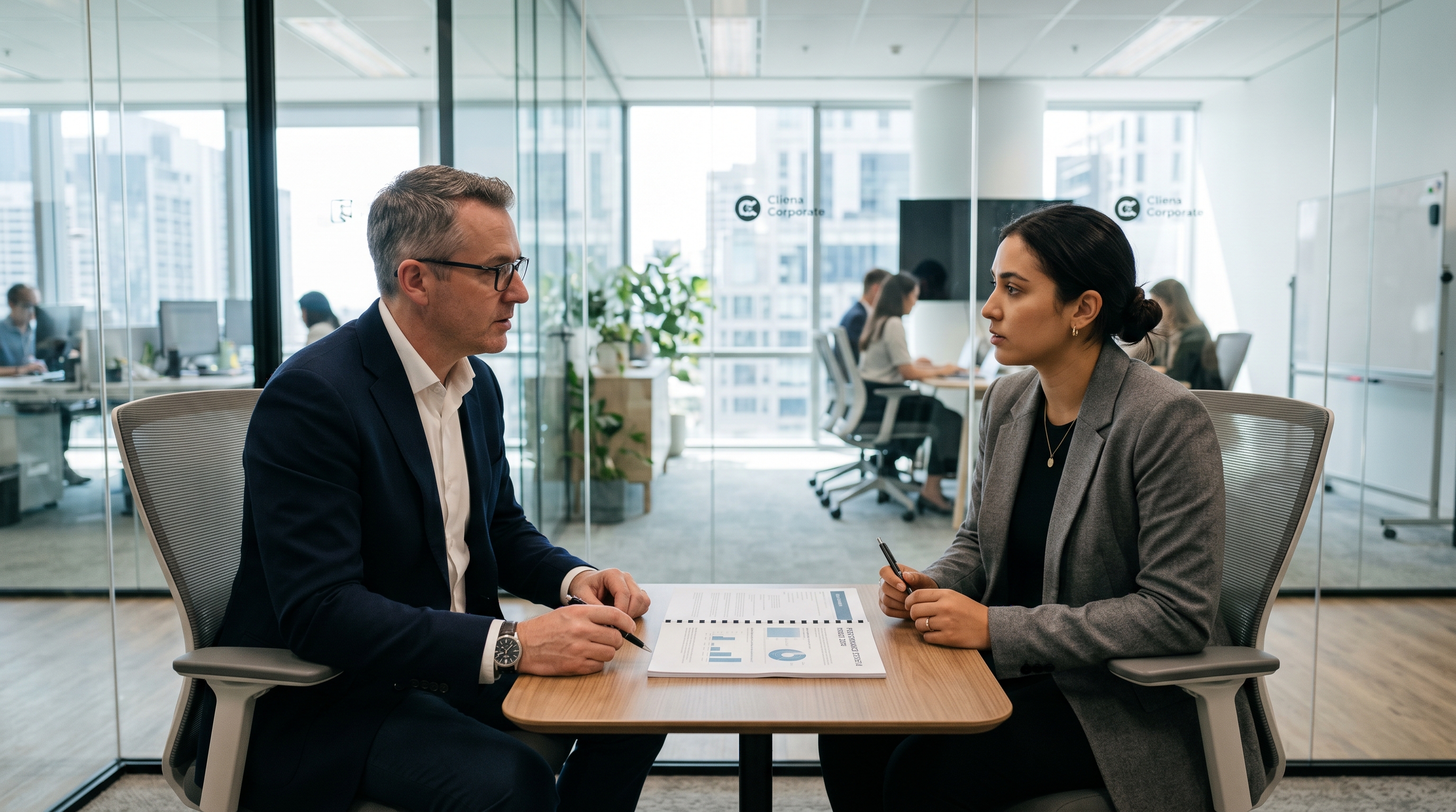 Manager and employee in a tense one-on-one meeting reviewing a performance improvement plan document