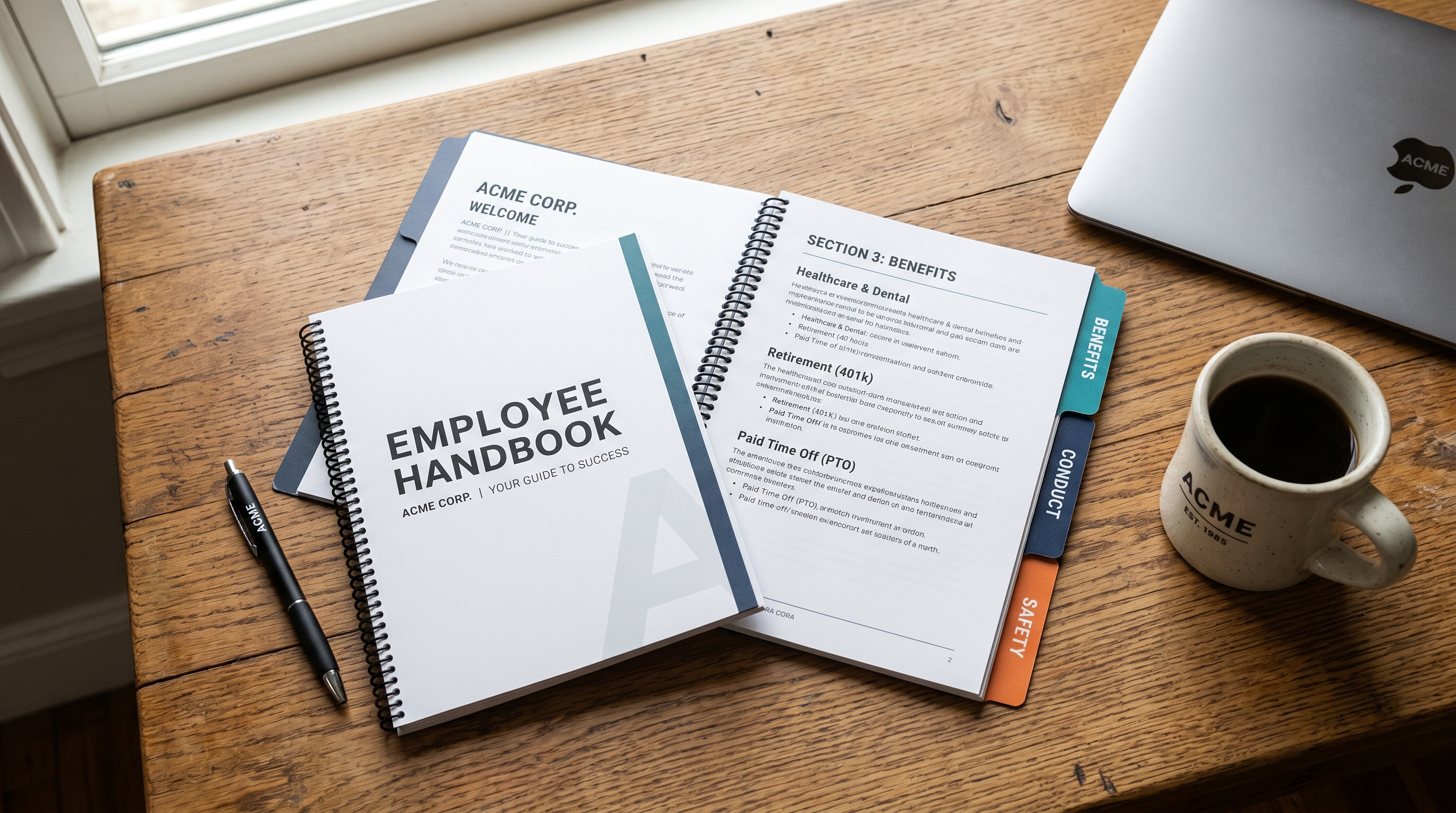 Open employee handbook on a desk showing tabbed sections for benefits, conduct and PTO