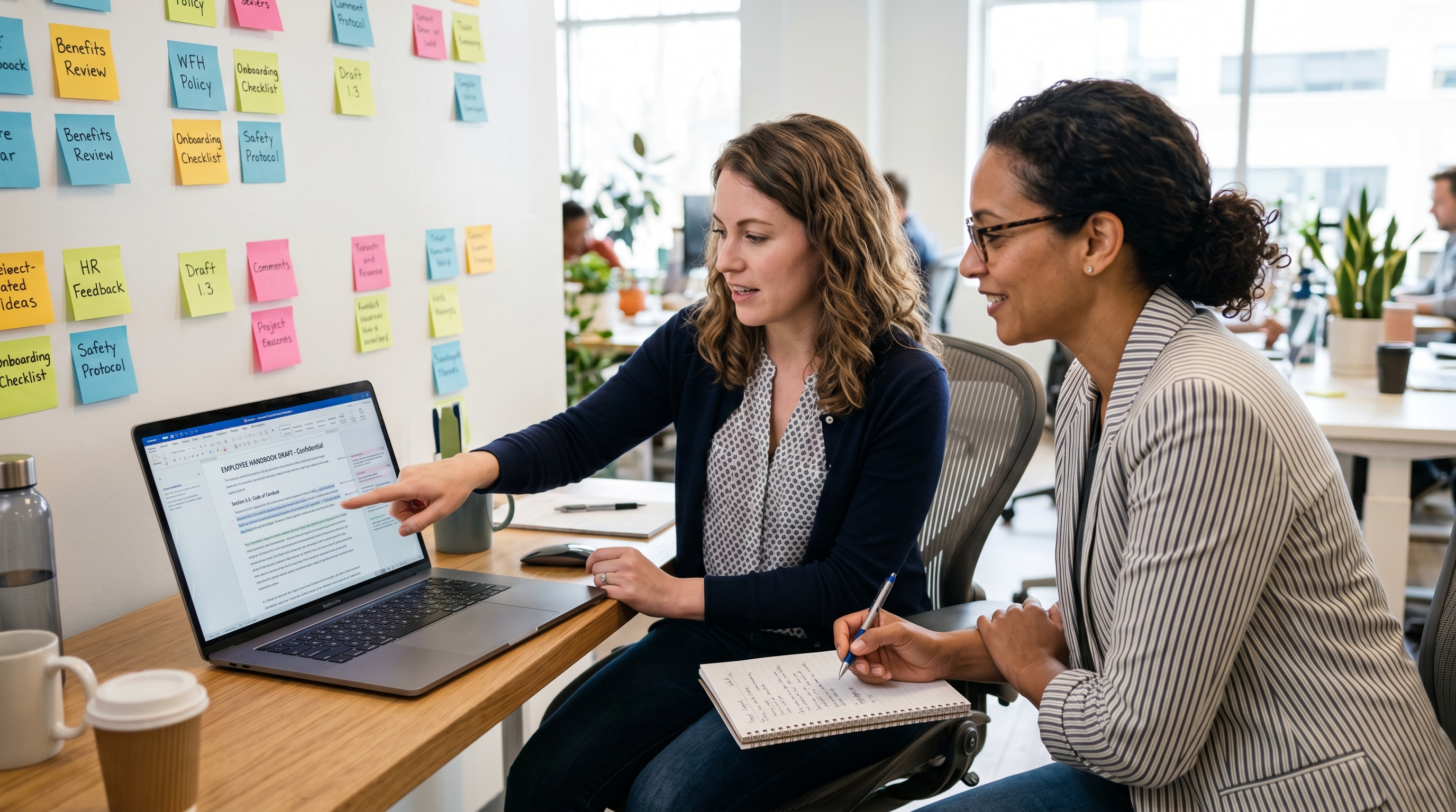 HR manager and colleague reviewing a draft employee handbook on a laptop together