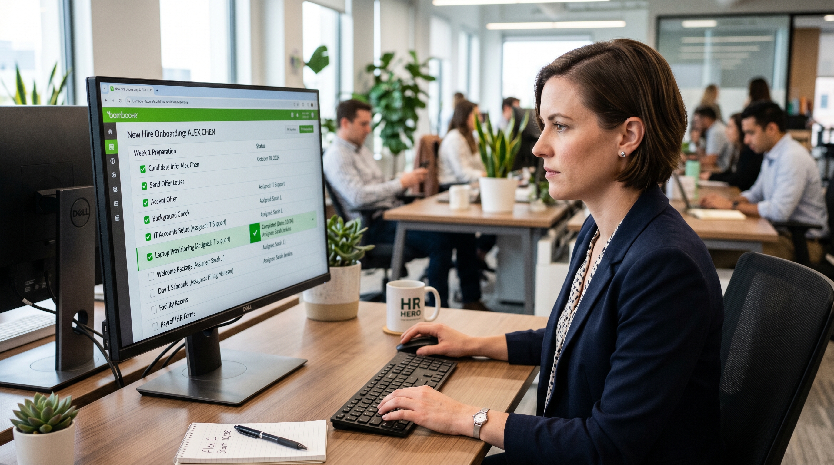 HR manager reviewing an automated onboarding task workflow on screen before a new hire's first day