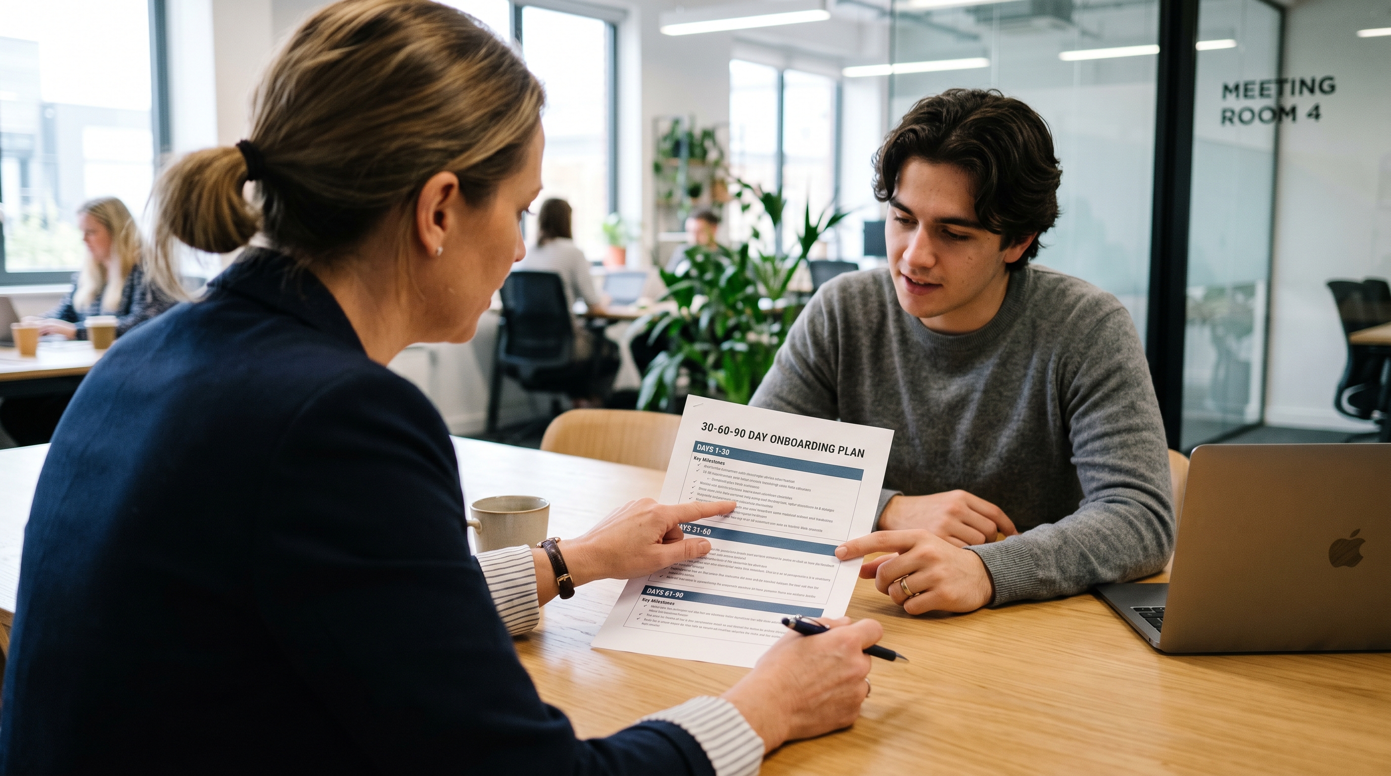 Manager and new employee reviewing a 30-60-90 day onboarding plan together at a table