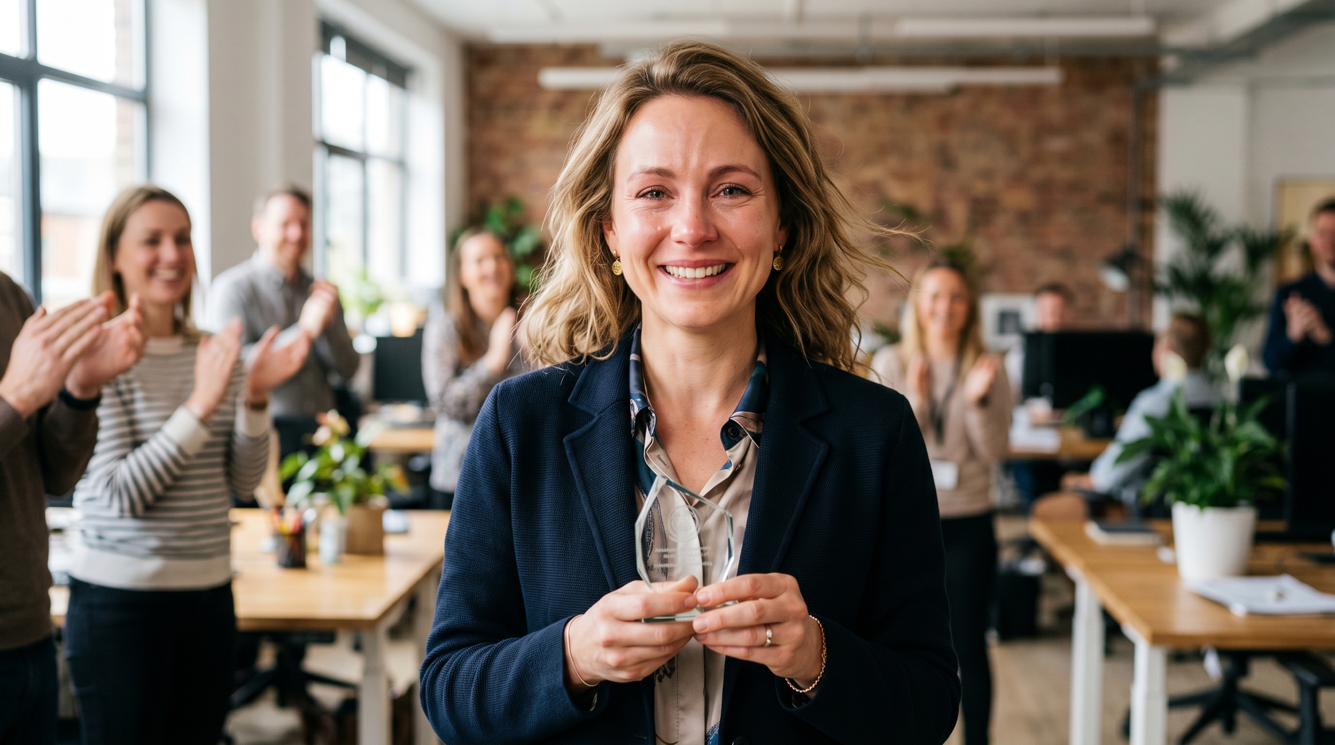 Employee holding an employee recognition award and smiling at camera as coworkers applaud in a bright office