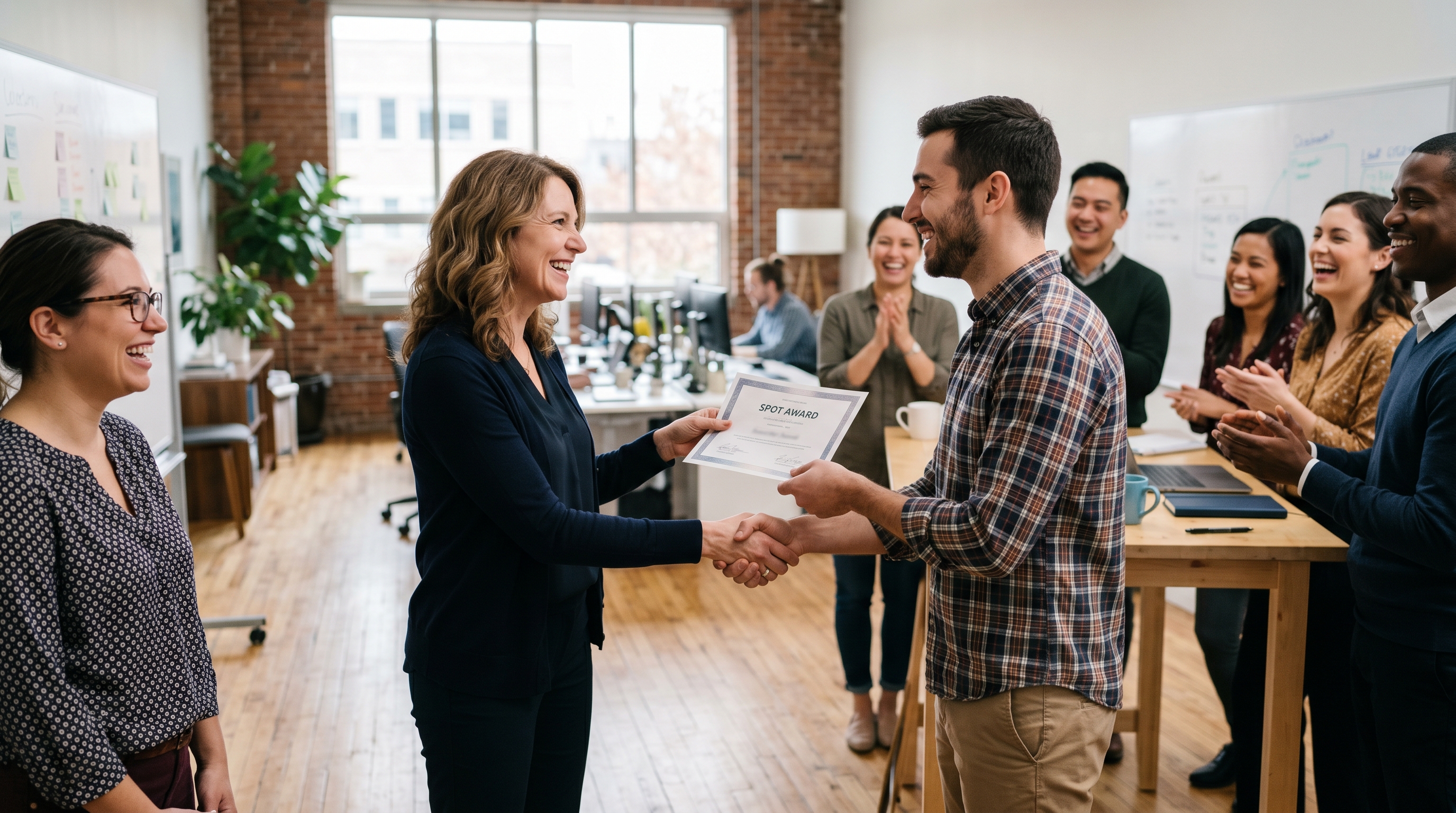 Manager presenting a spot award to an employee during a team standup as colleagues look on