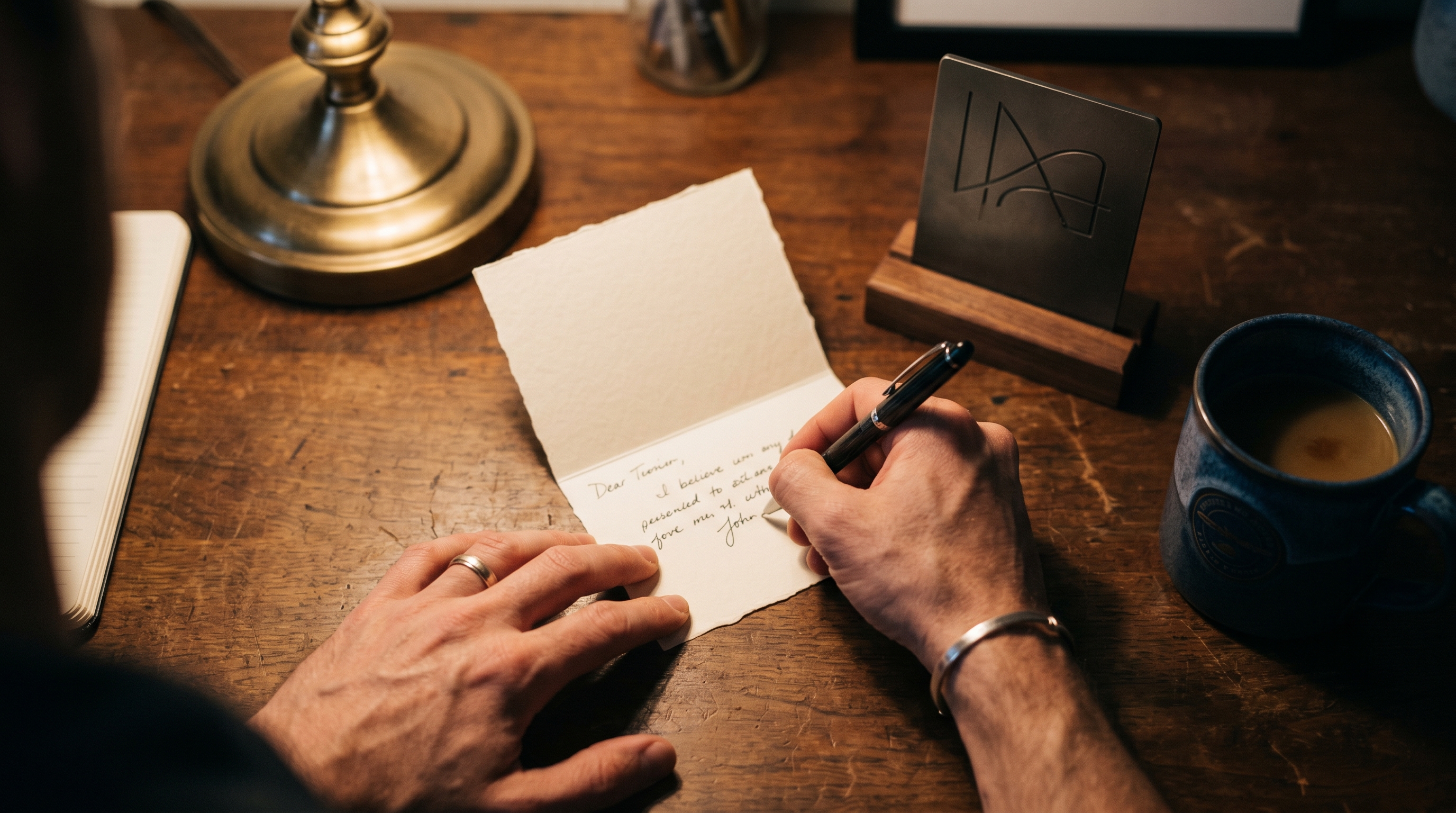 Hands writing a personalized note beside an engraved employee recognition award on a desk