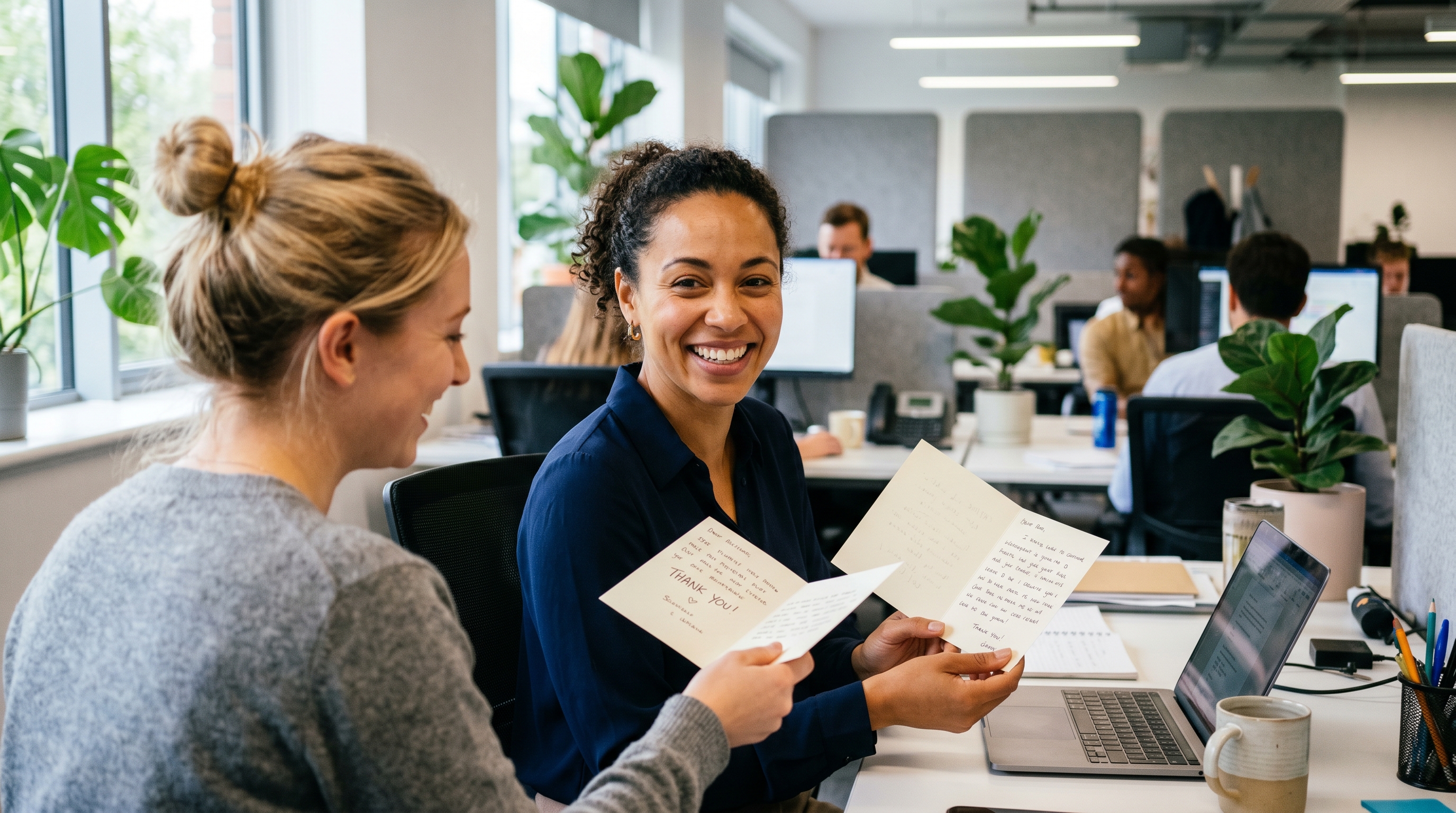 Employee smiling as she receives a handwritten card on Employee Recognition Day in a bright office
