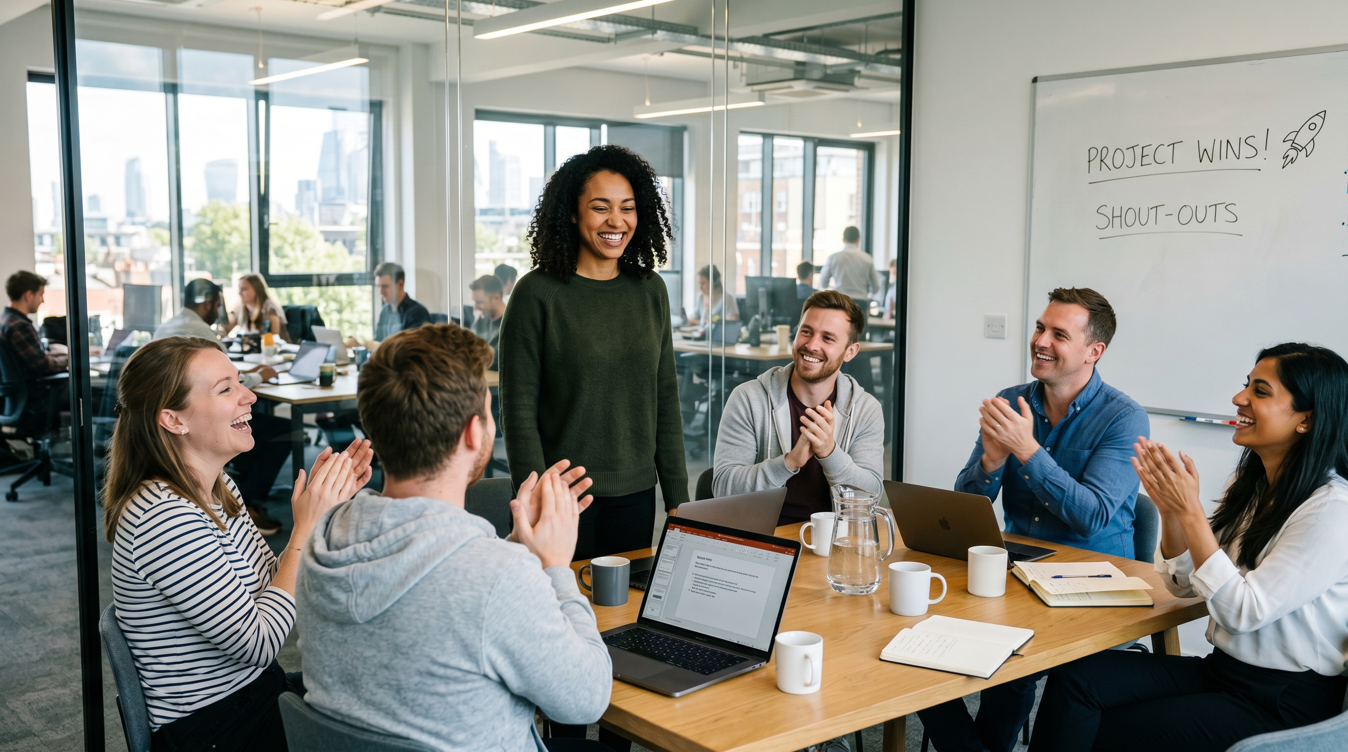 Team applauding a colleague during a recognition shout-out in a glass-walled meeting room