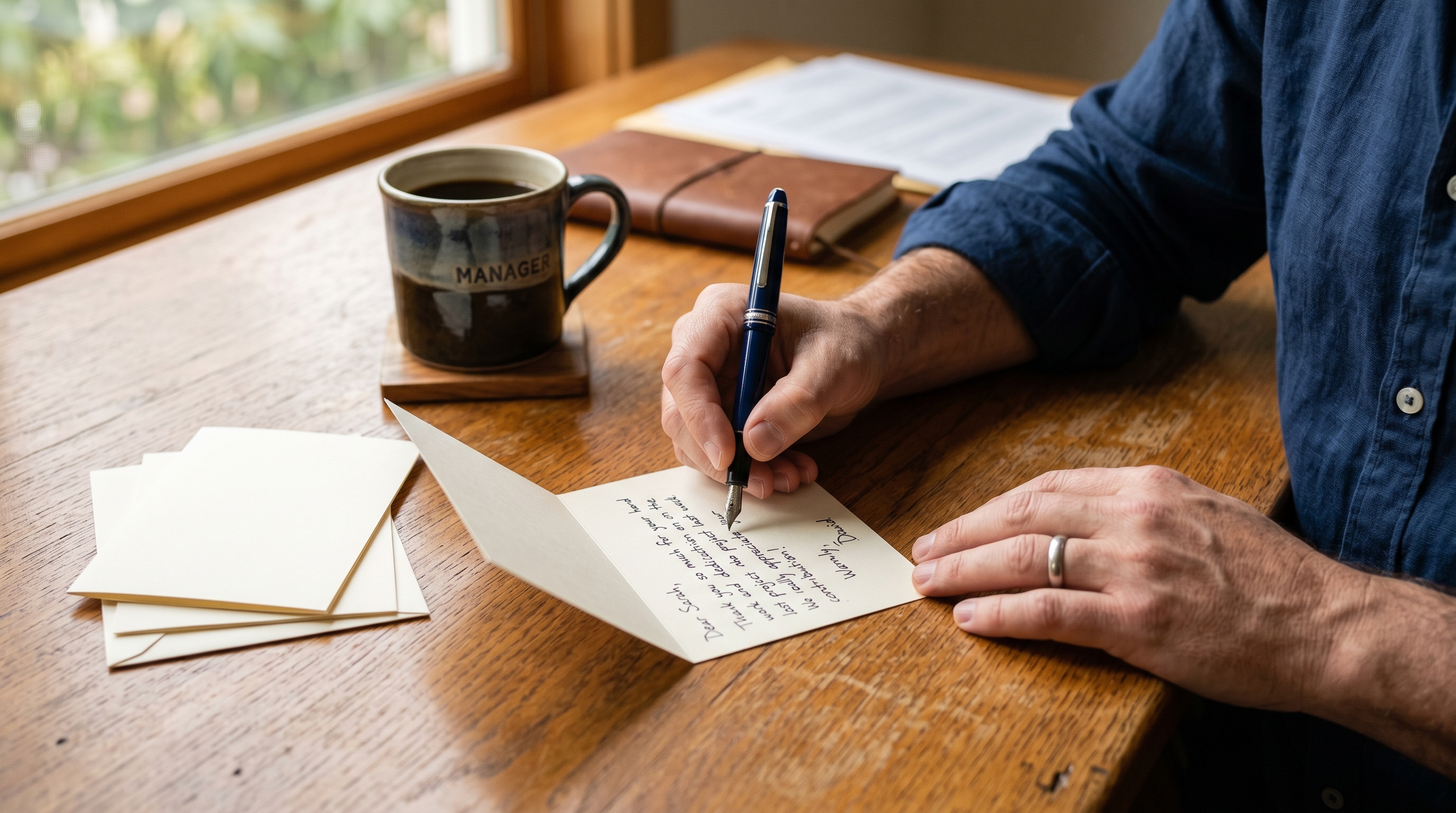 Manager handwriting personalized thank-you notes with a stack of cards on a wooden office desk