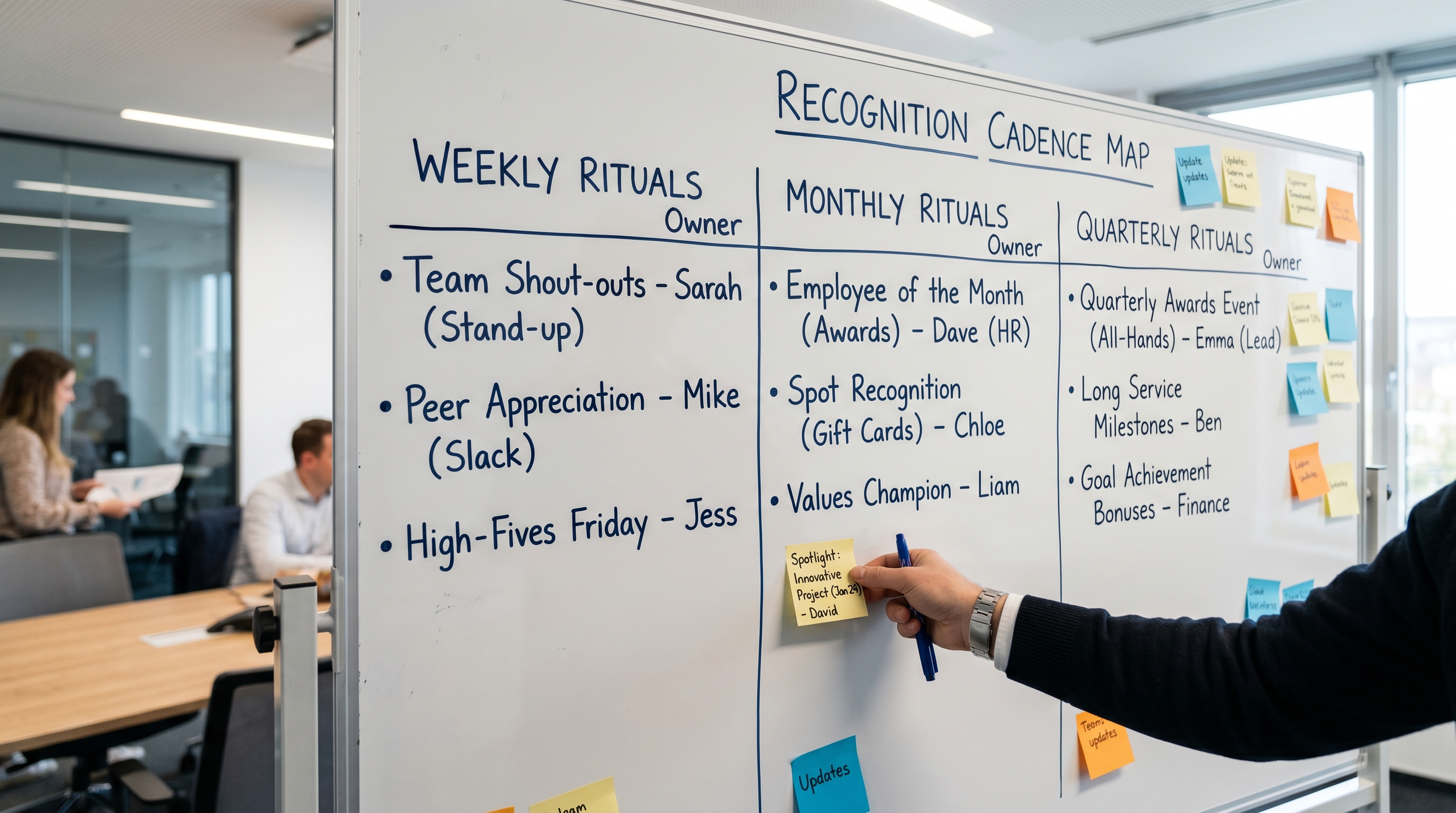 Whiteboard mapping a weekly, monthly, and quarterly employee recognition cadence with named owners