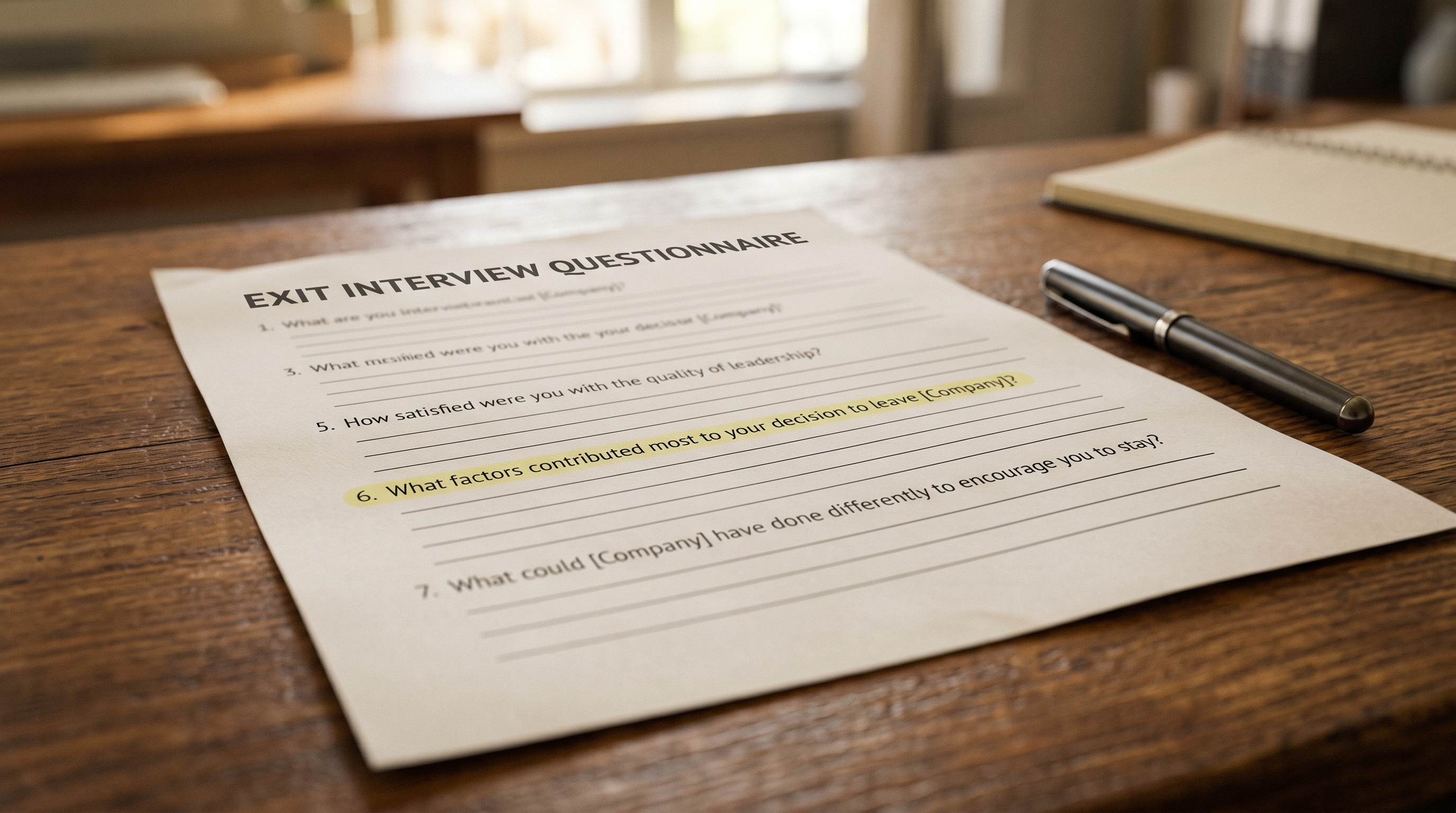 Printed exit interview questionnaire with open-ended questions highlighted on an office desk