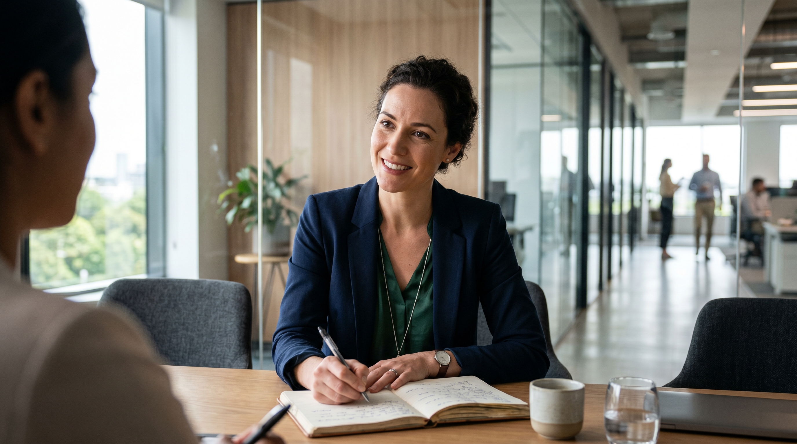 HR interviewer listening and taking notes during a one-on-one exit interview conversation