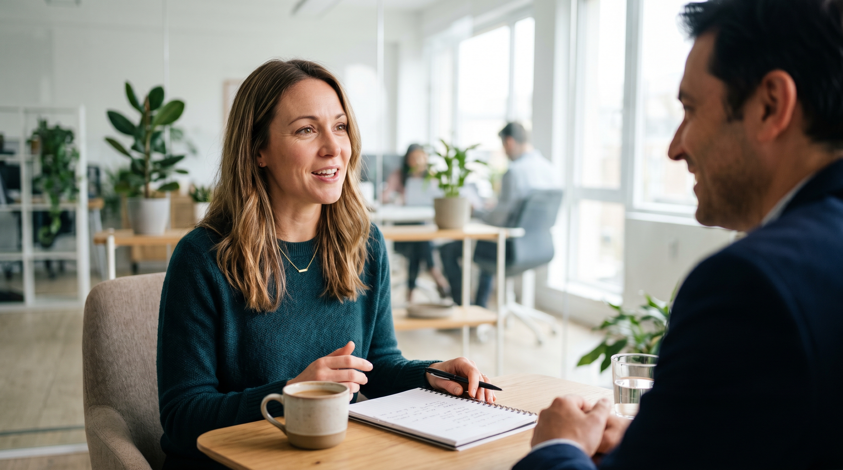 Departing employee speaking openly to an HR interviewer during an exit interview in a modern office