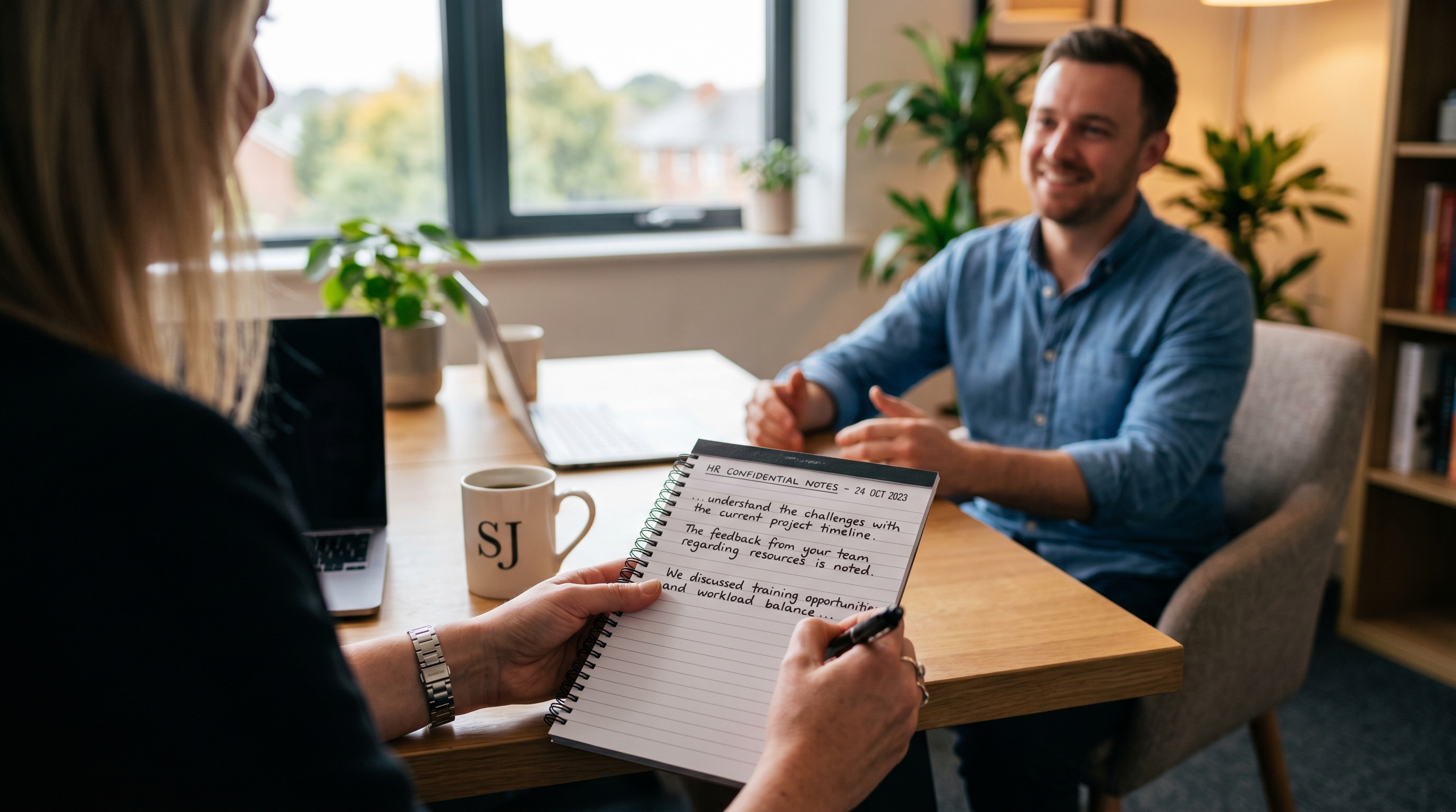 HR professional taking verbatim notes during a one-on-one exit interview conversation
