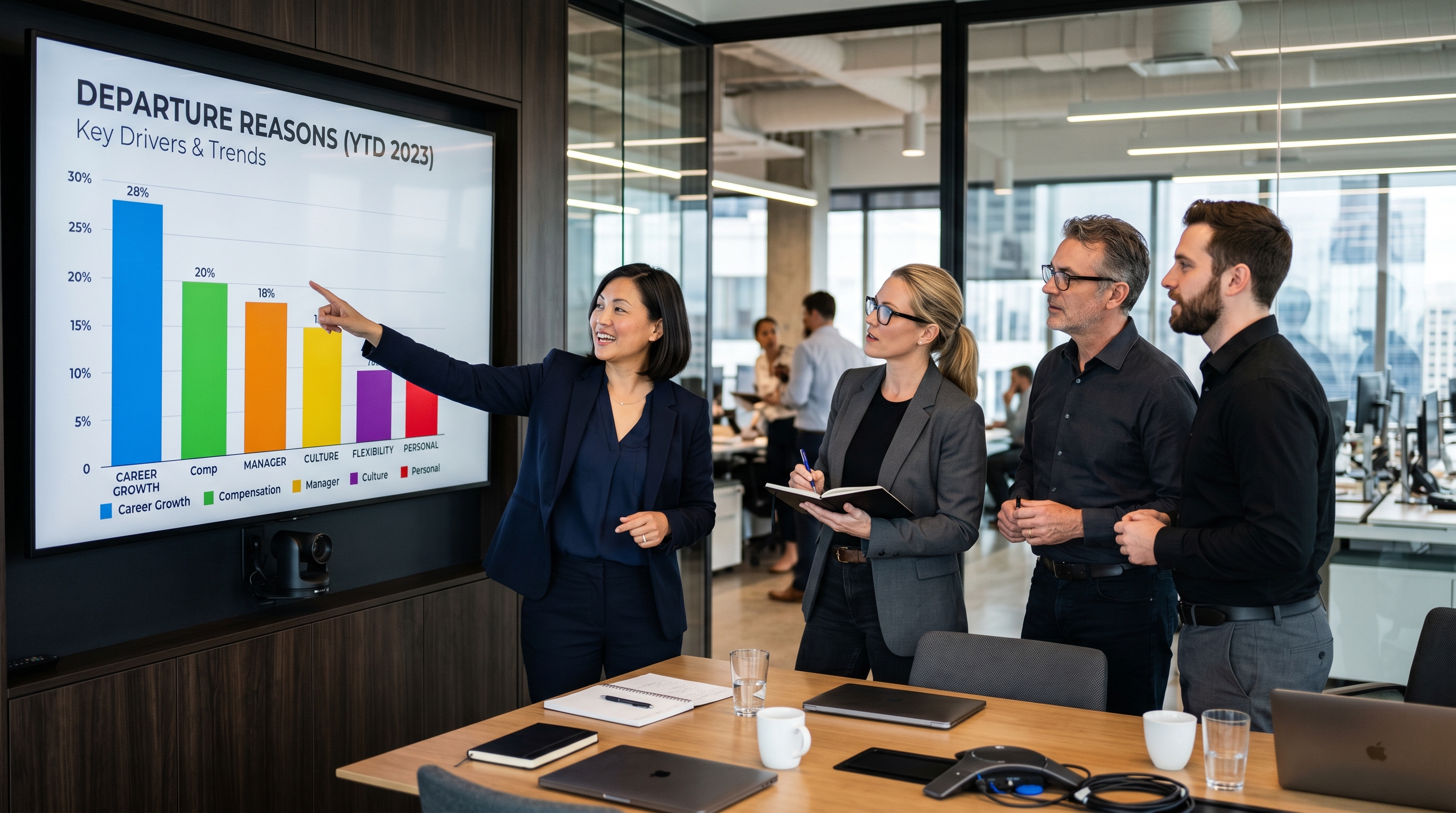 Leadership team reviewing color-coded exit interview reasons on a screen in a glass meeting room