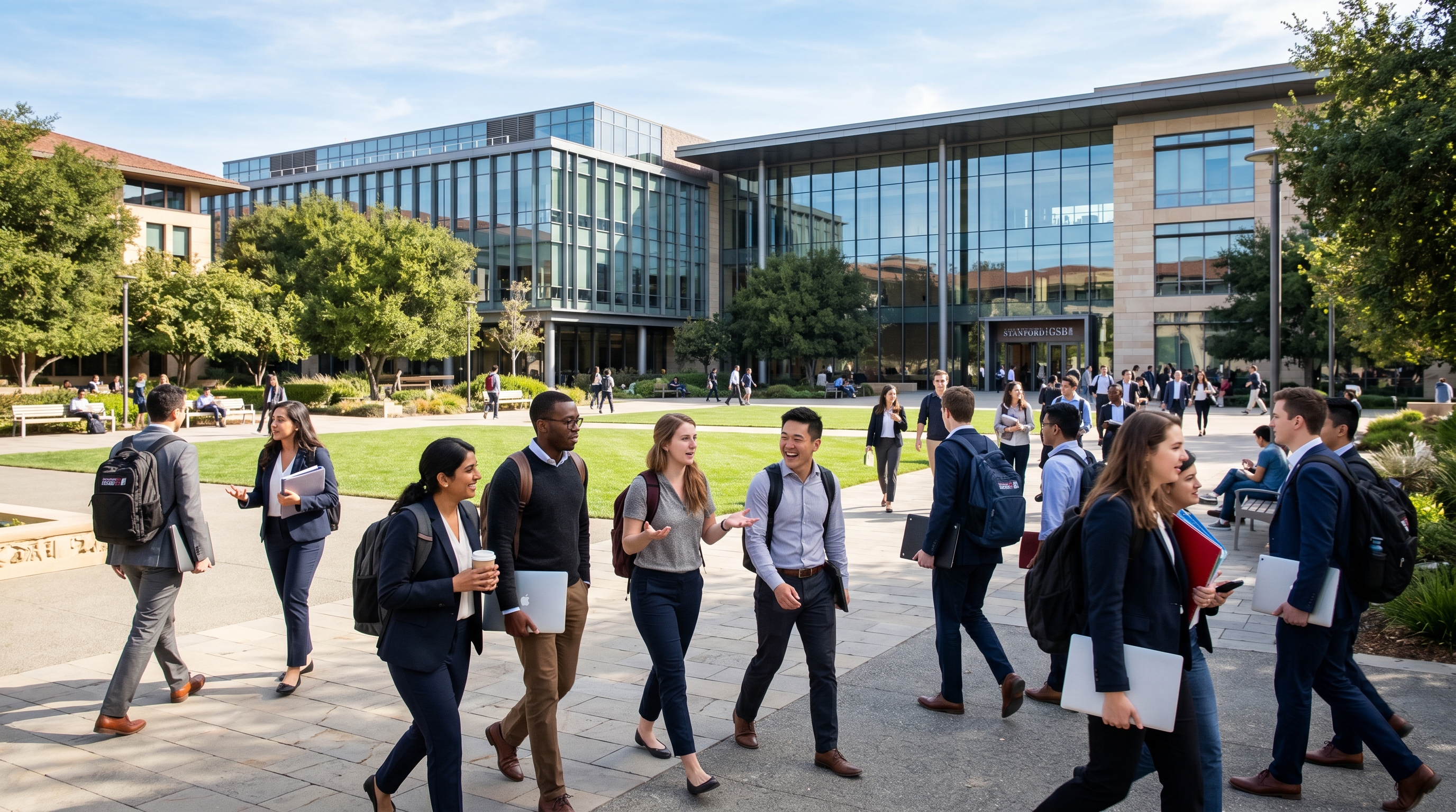 MBA students crossing a top business school campus quad between classes on a sunny afternoon