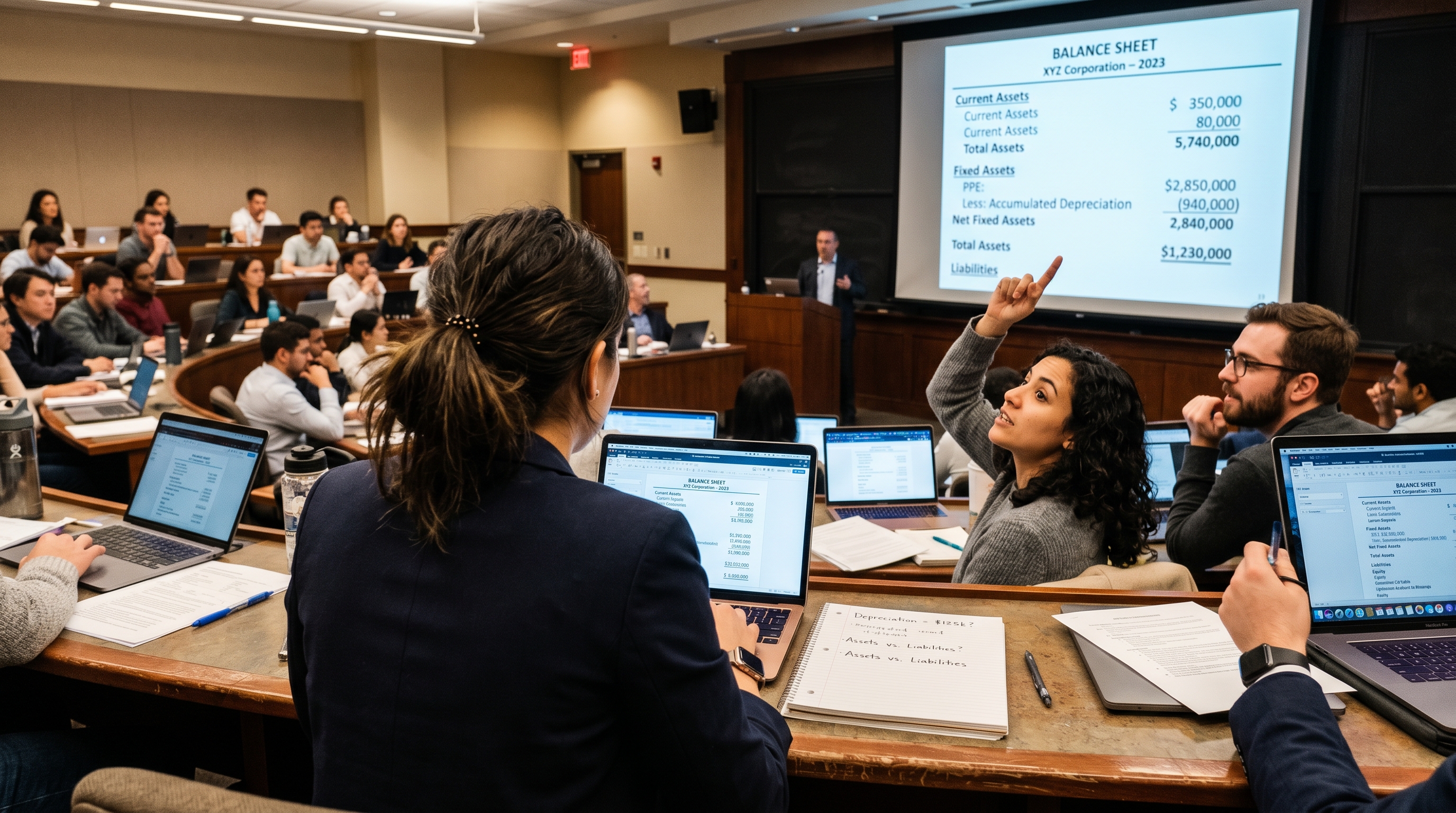 Business students reviewing a balance sheet and depreciation figures in an MBA finance lecture