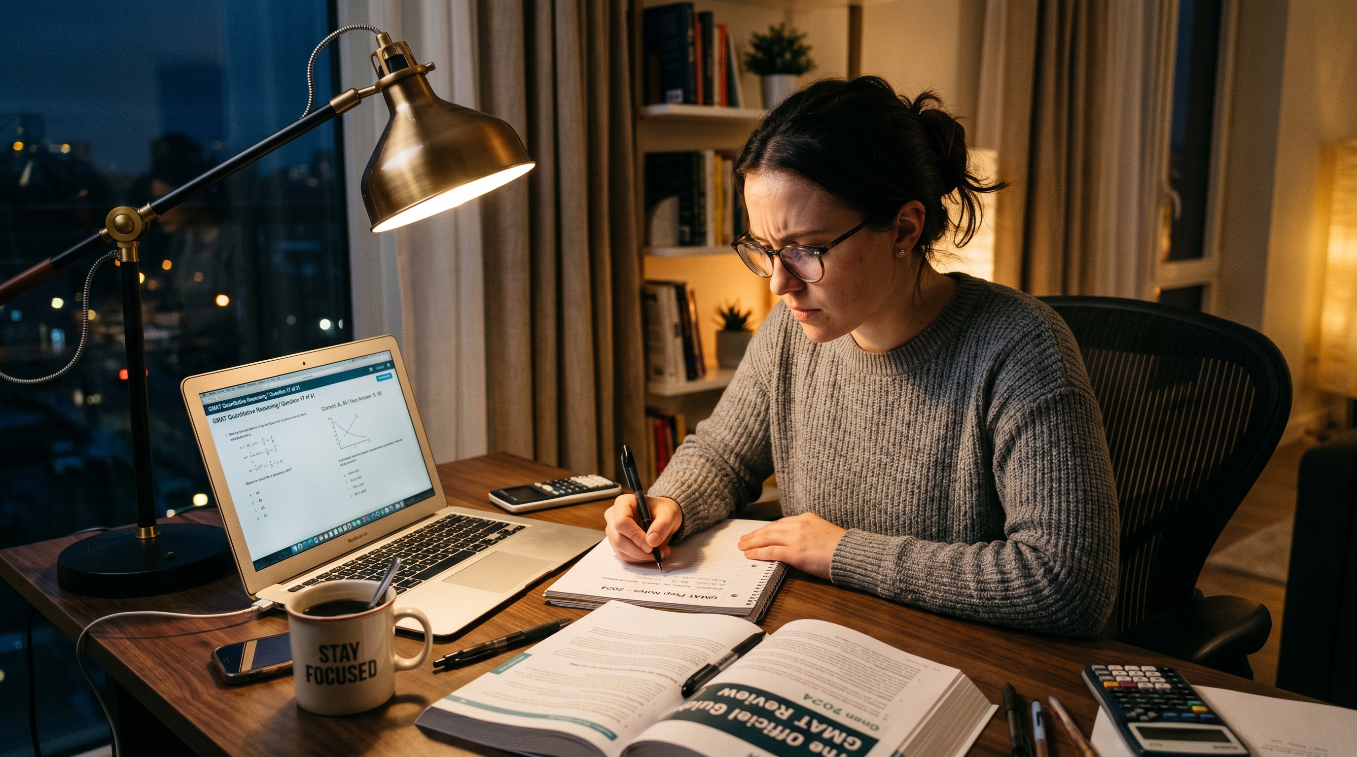 Applicant studying GMAT practice questions on a laptop at night while preparing business school applications