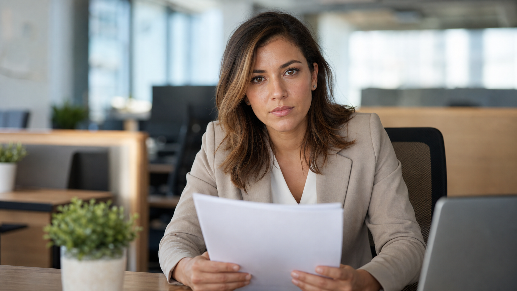 Anxious employee holding a document, deciding how to respond to a performance improvement plan