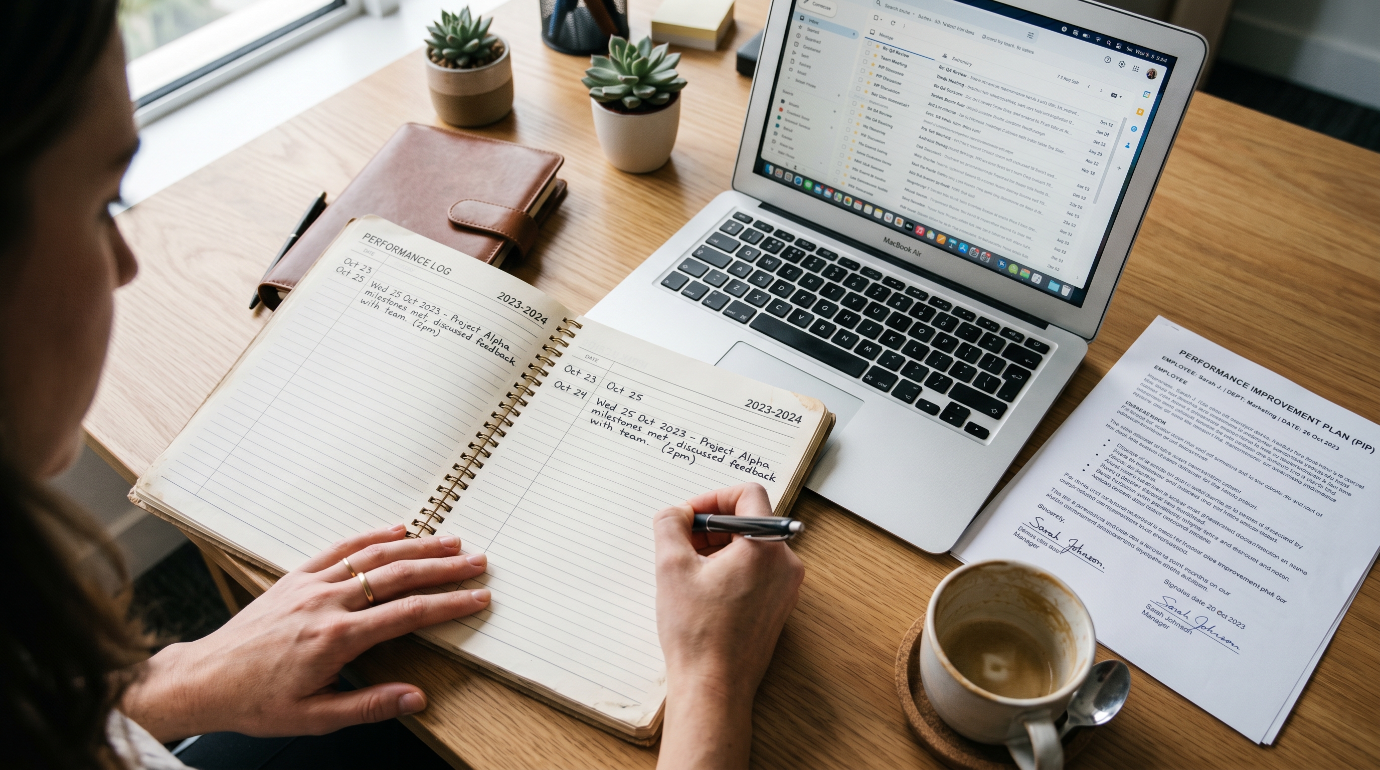 Employee documenting daily achievements in a performance log to respond to a PIP strategically