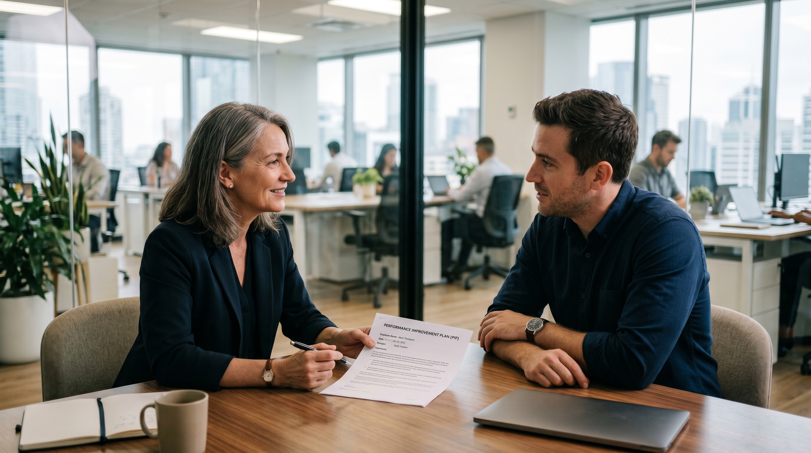 Manager and employee in a calm one-on-one PIP conversation across a desk in a private office