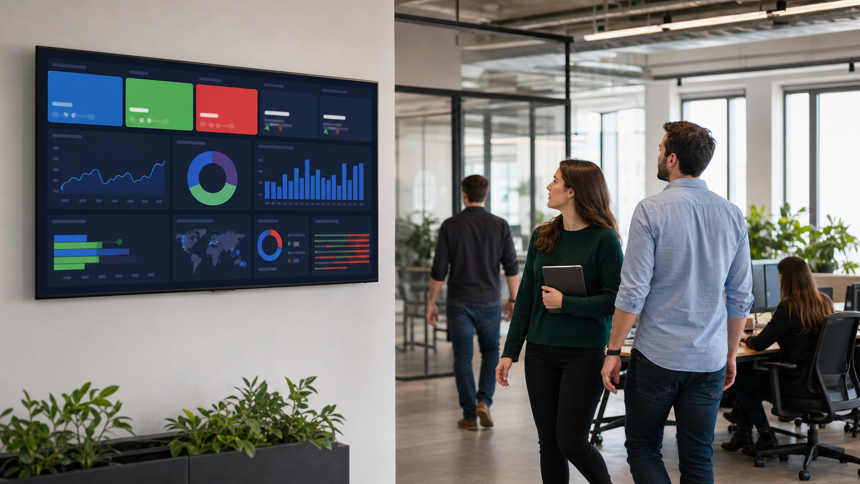 Live KPI dashboard on a wall TV showing real-time revenue metrics in an operations room