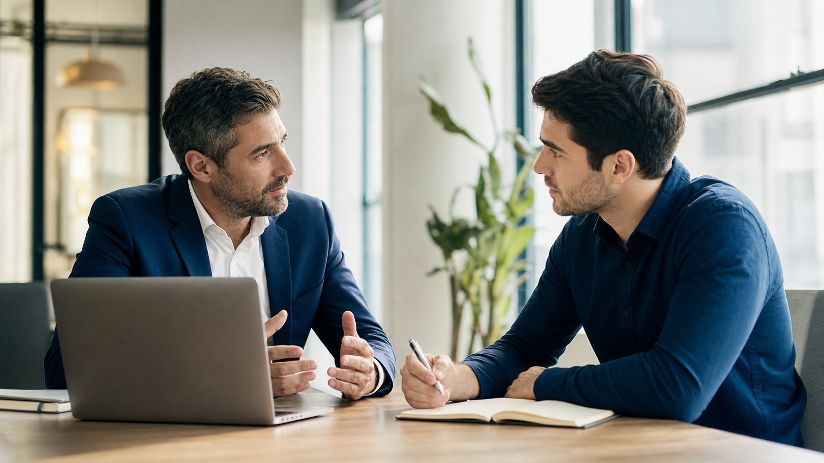 An experienced manager coaching a team member one-on-one, developing leadership skills