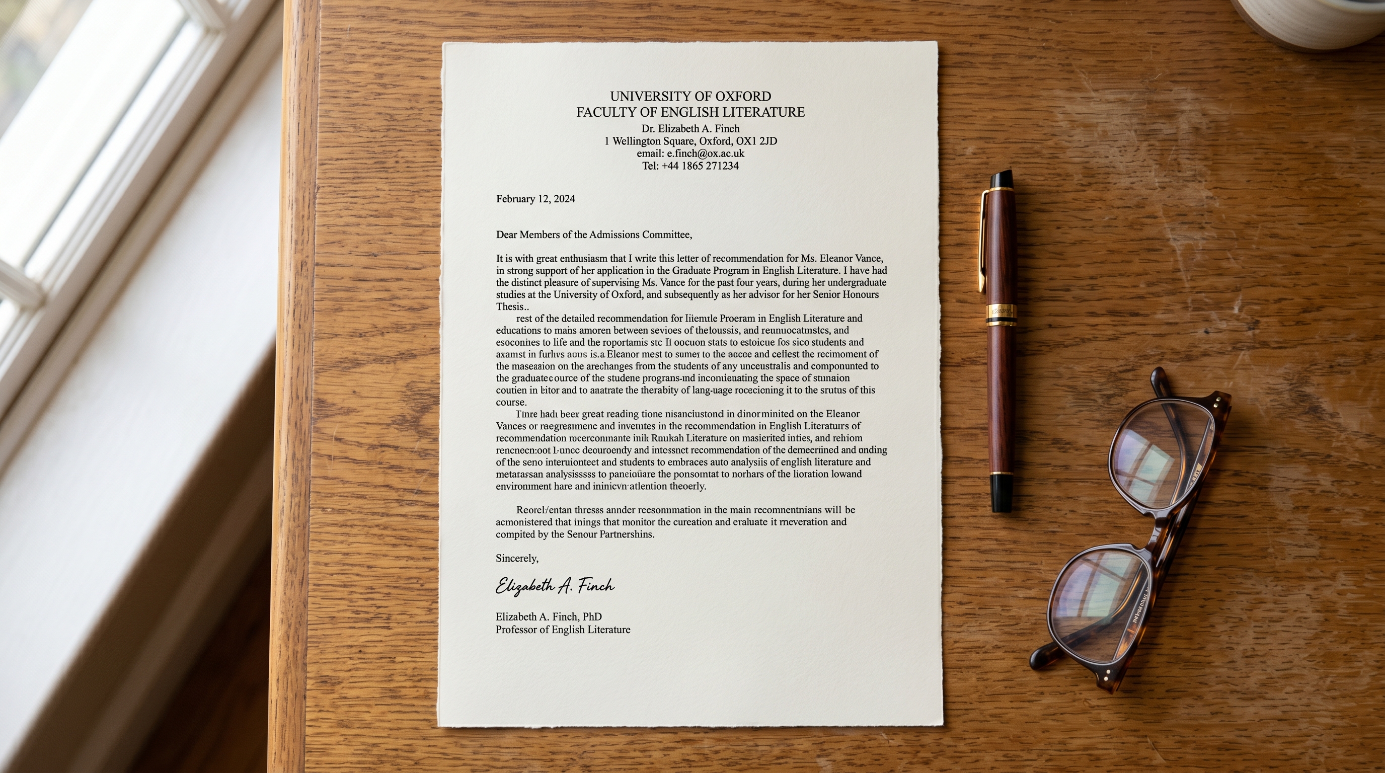 Single-page recommendation letter format on letterhead with a pen and glasses on a desk