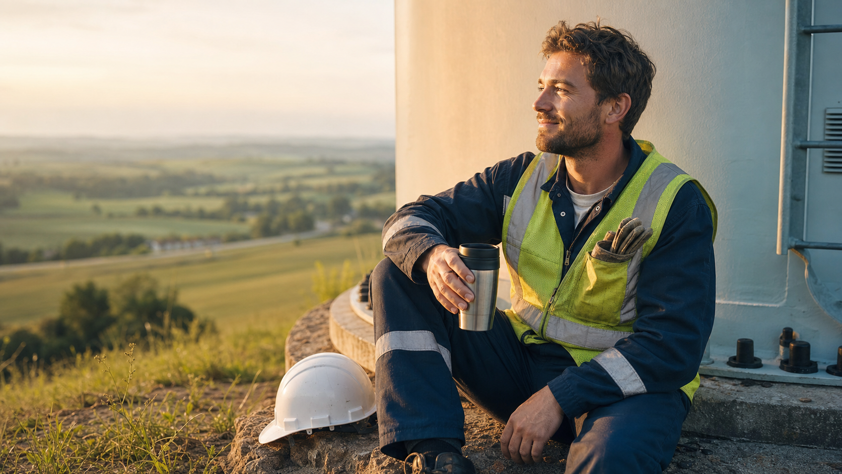 Portrait of a relaxed young female elevator/wind-turbine technician in a clean hi-vis vest and hard hat pushed