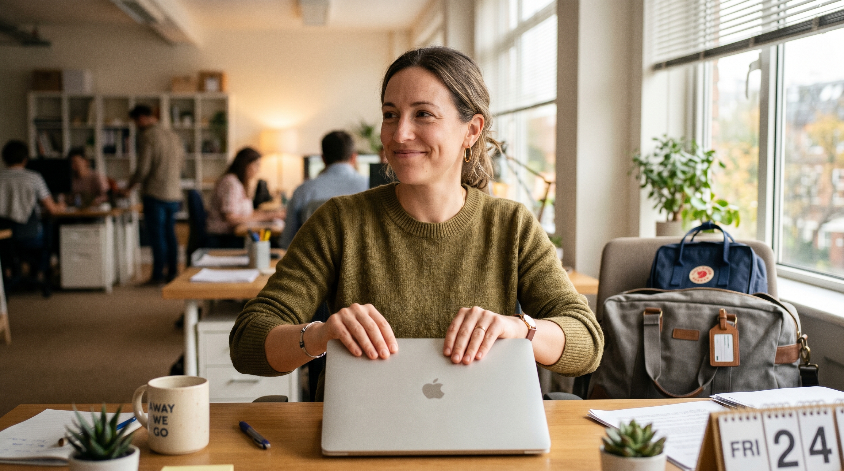 Relieved woman closing her laptop after setting an out of office email message before vacation