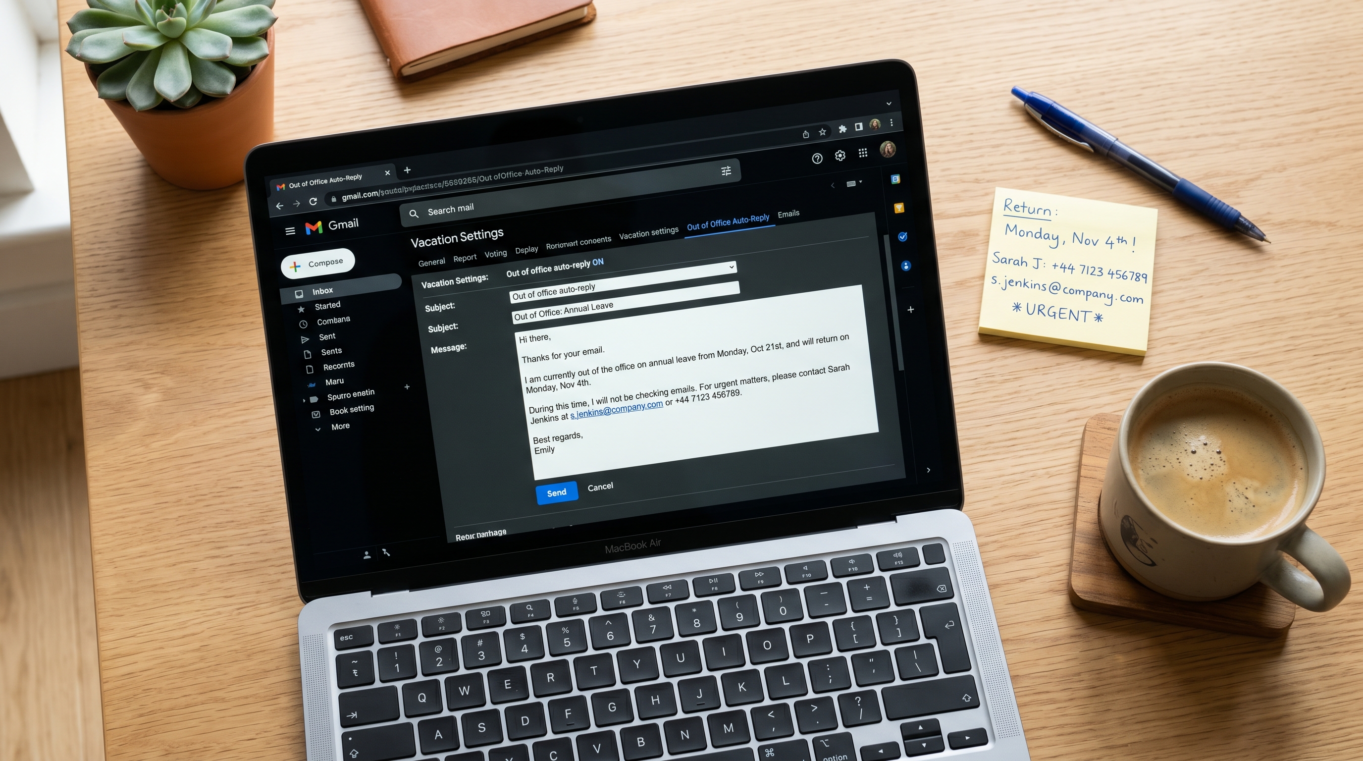 Laptop showing an out of office message draft next to a sticky note with return date and backup contact