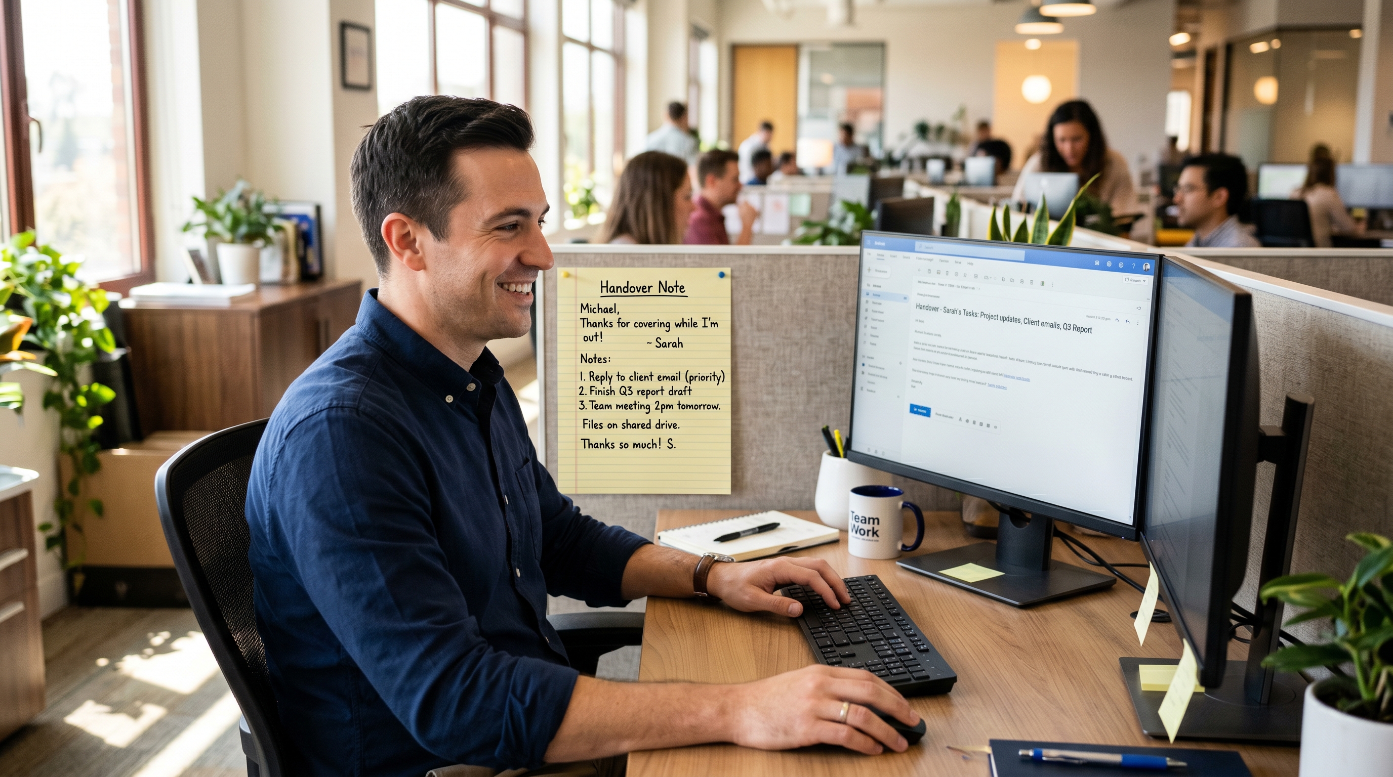 Colleague covering for a teammate who is out of office, reviewing a handover note at his desk