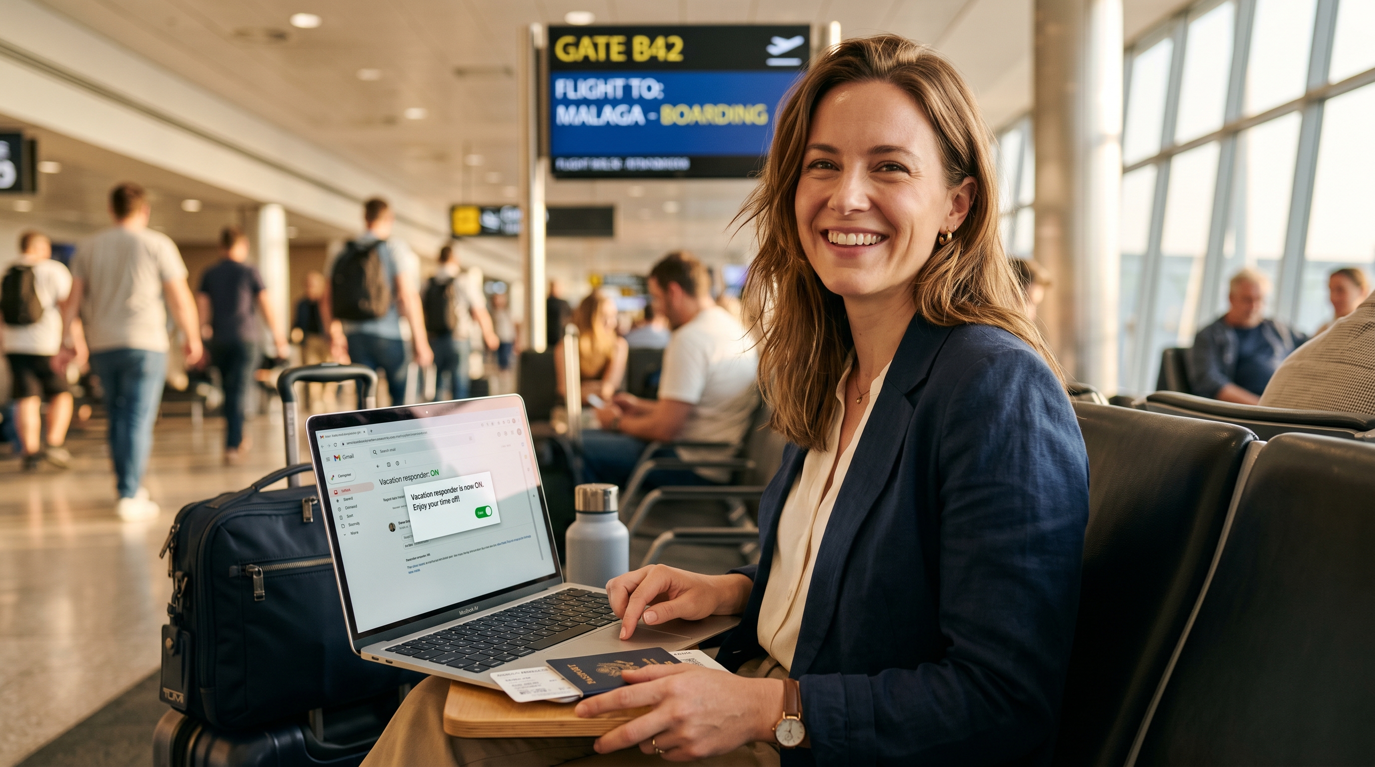 Woman at airport gate smiling as she sets her out of office message on a laptop before vacation