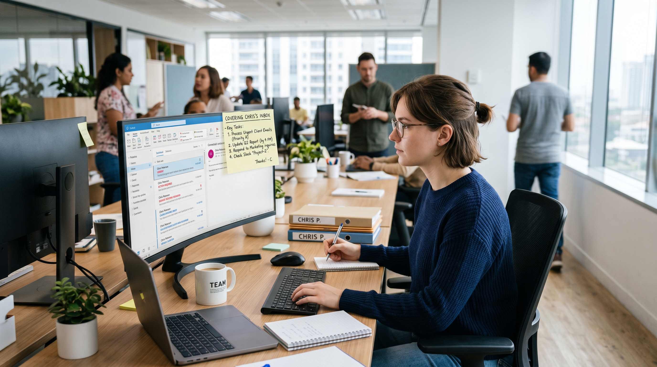 Colleague covering a teammate's inbox after reading the backup contact in an out of office message
