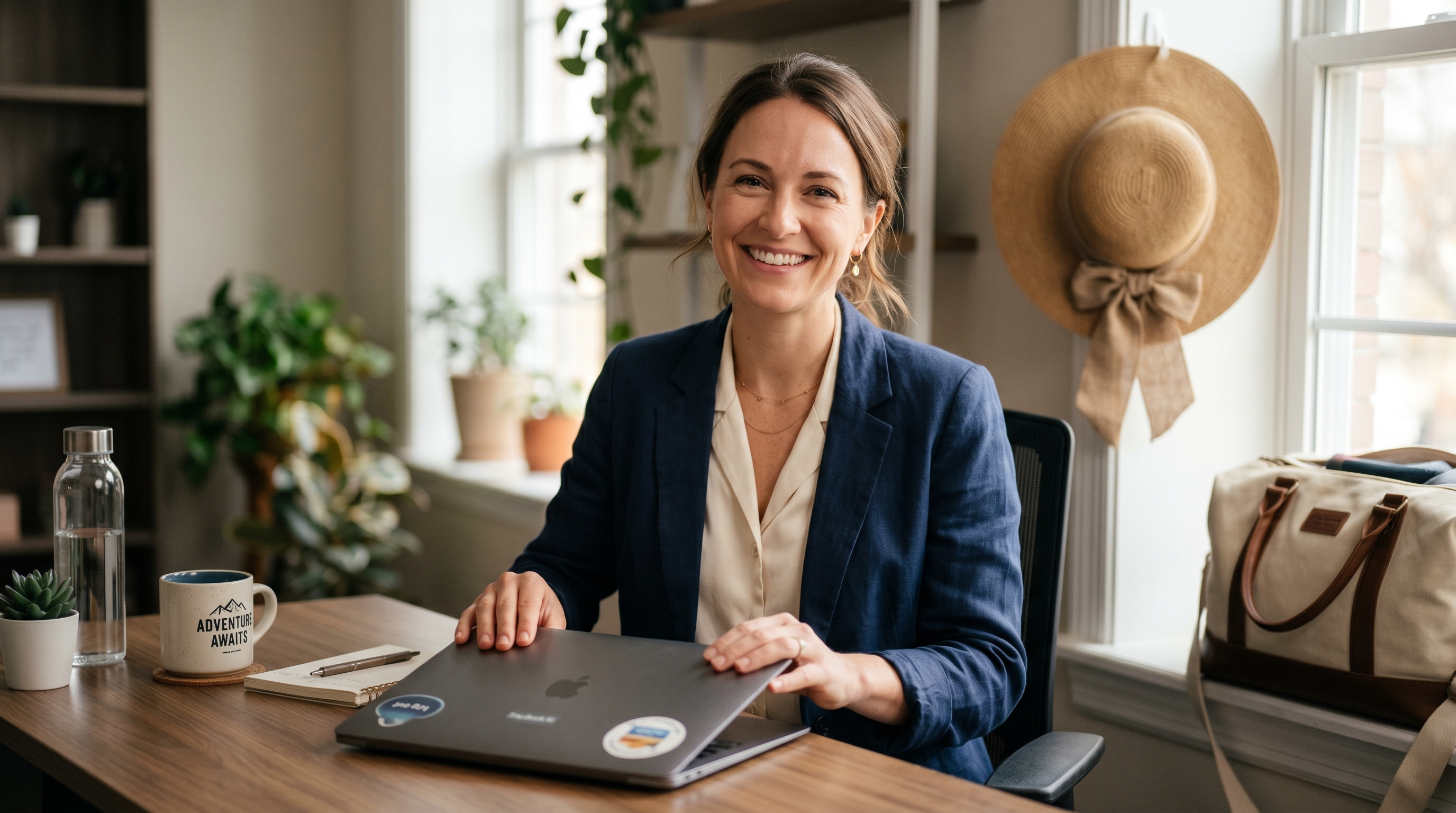 Relieved woman closing her laptop after setting an outlook out of office message before vacation