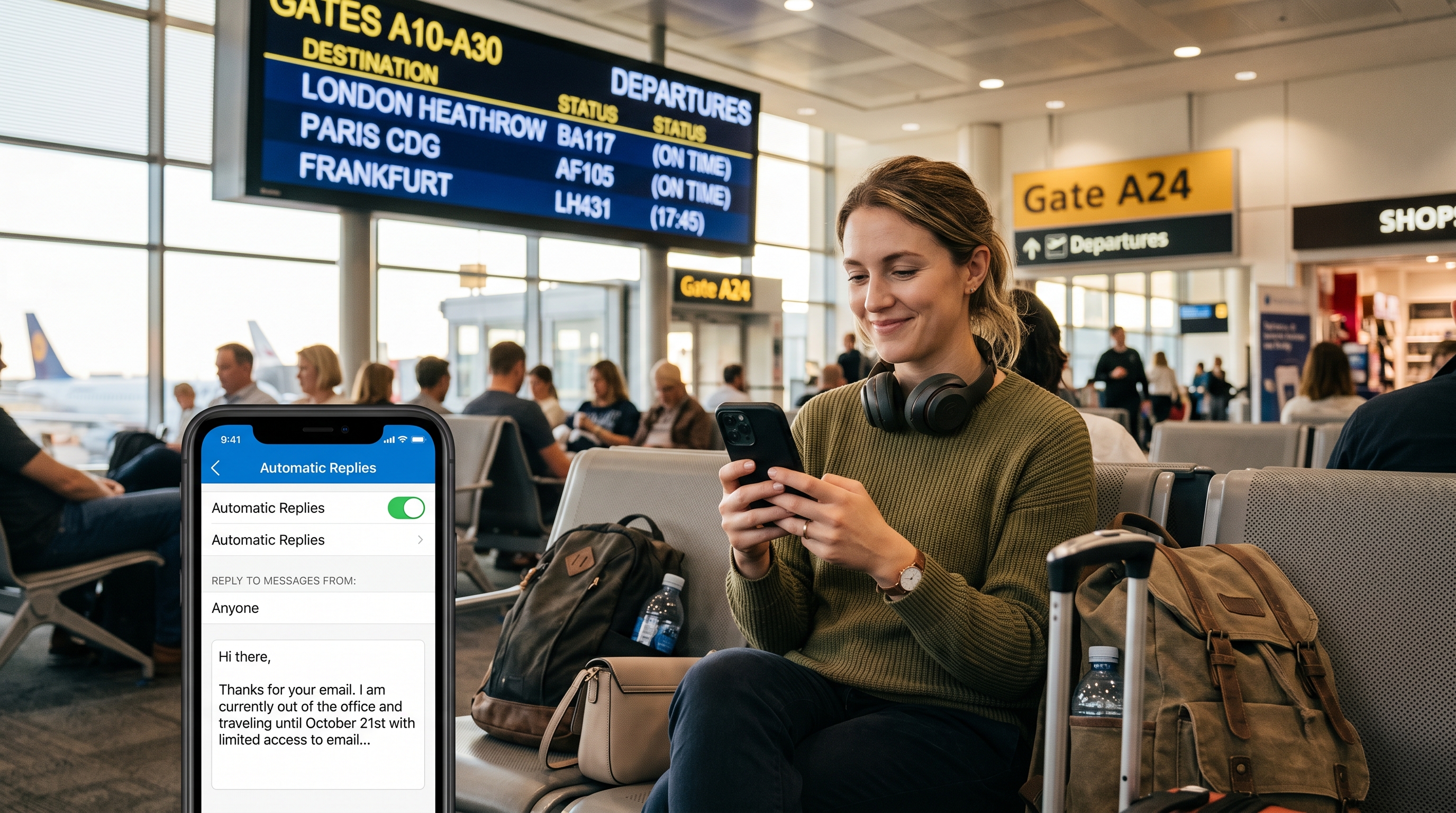 Traveler at an airport setting an out of office message on the Outlook mobile app before a flight