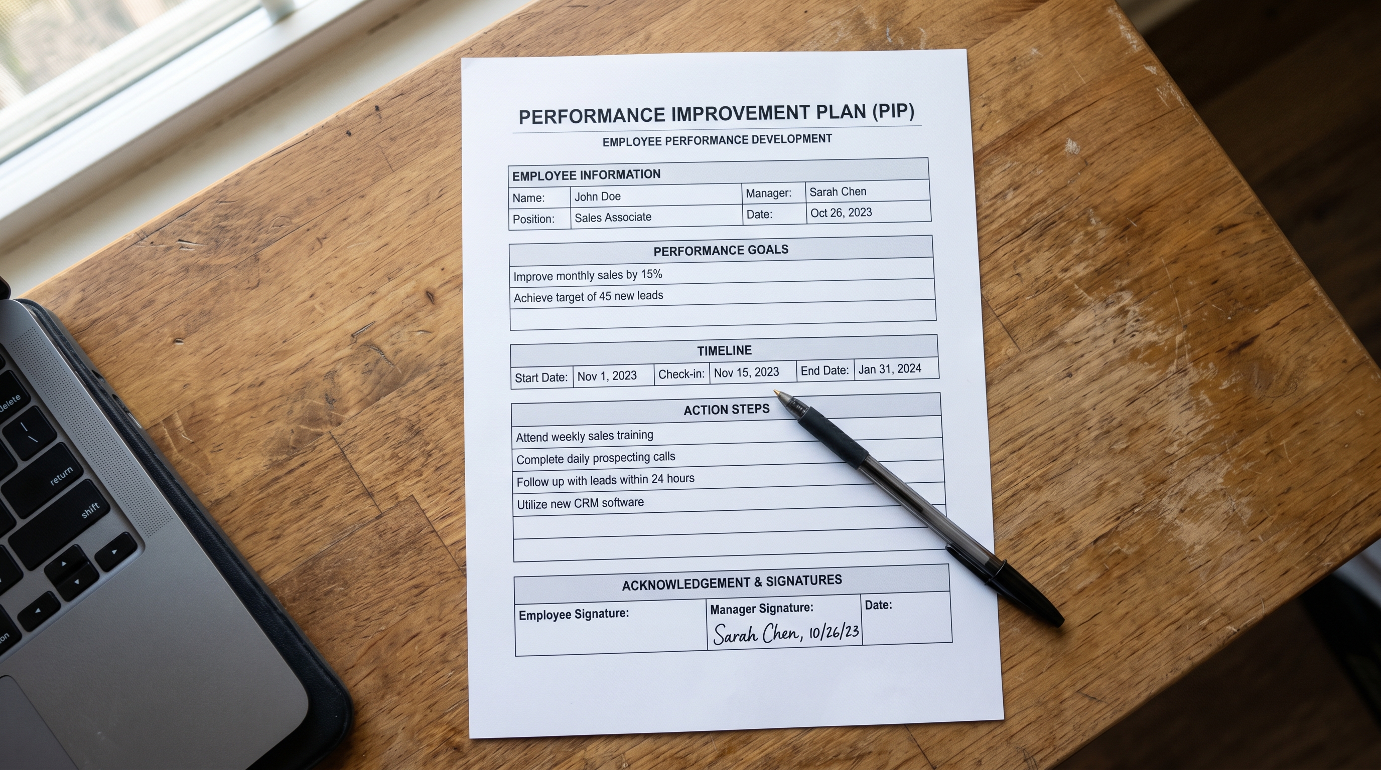 Printed performance improvement plan template form with goals and signature line ready to fill in on a desk