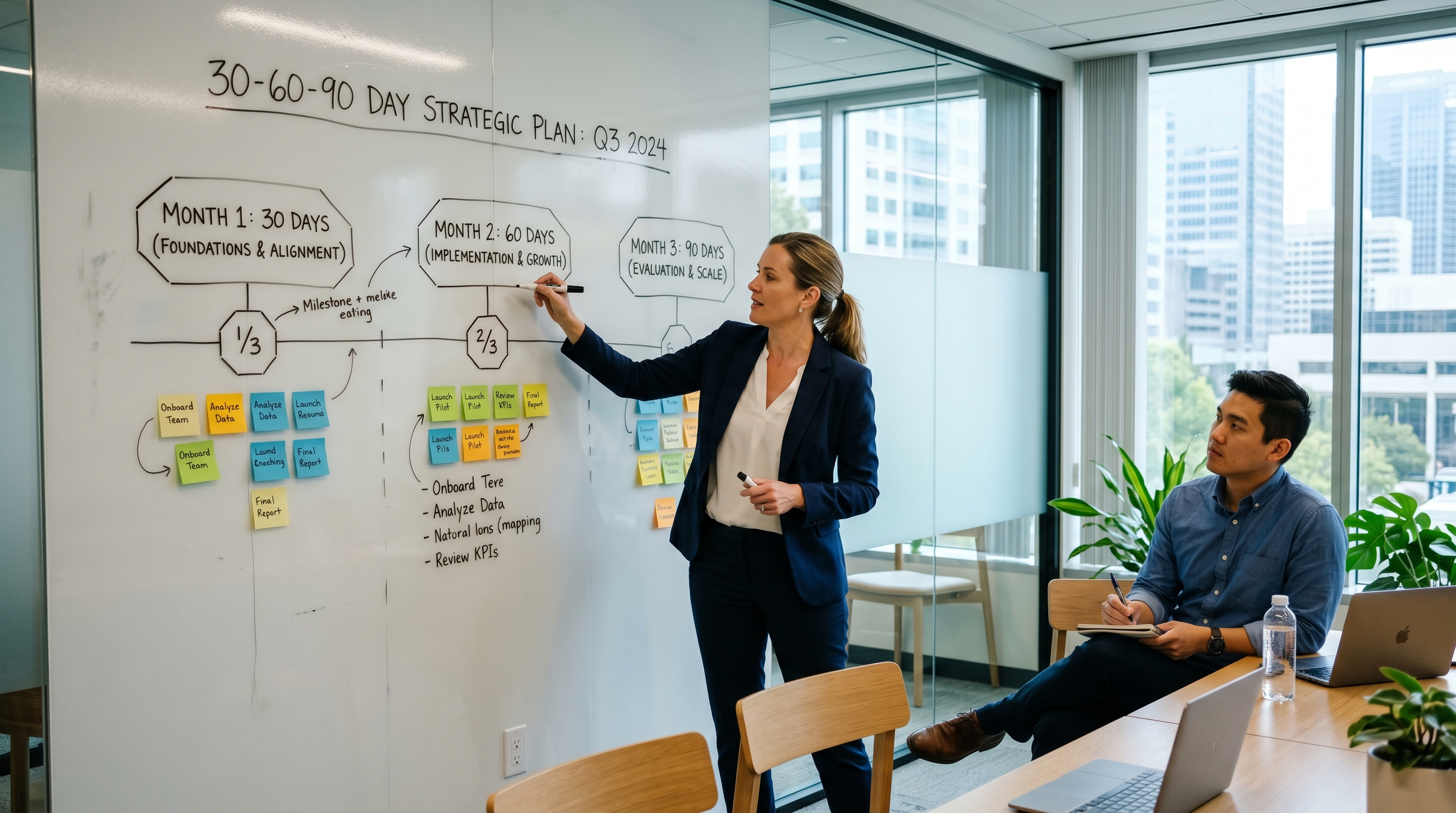 Manager mapping a 30 60 90 day PIP timeline with milestones on a whiteboard while an employee takes notes