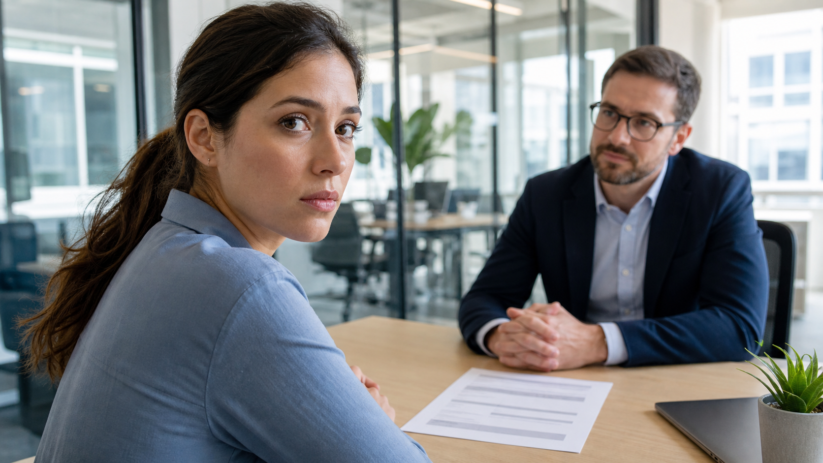 Manager and employee discussing a performance improvement plan across a desk in a glass office