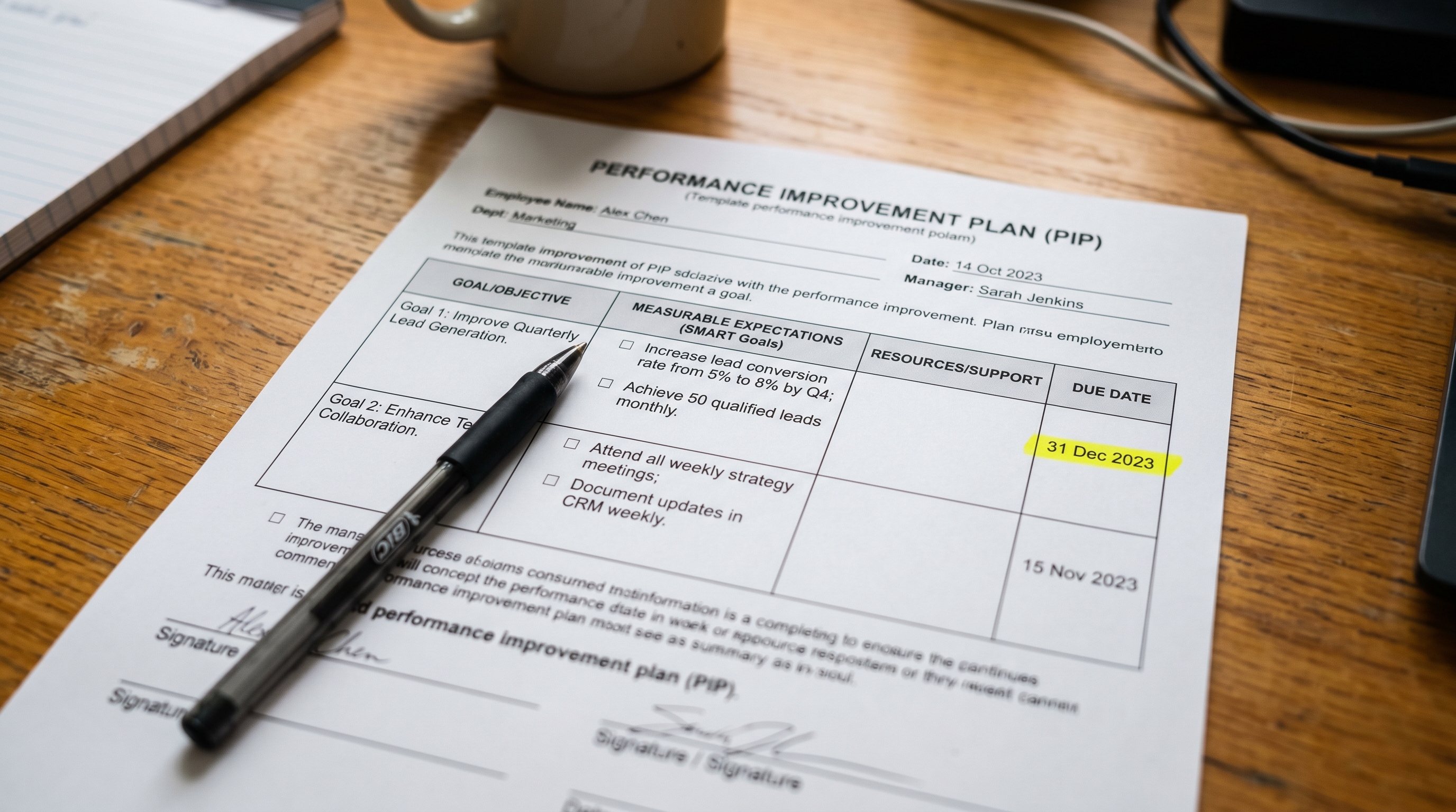 Printed performance improvement plan template showing measurable goals and a timeline with a deadline