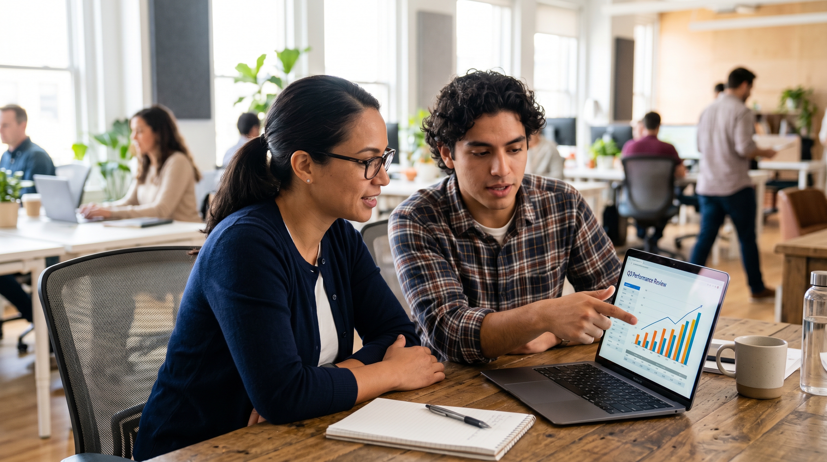 Manager and employee reviewing PIP progress on a laptop during a weekly check-in meeting