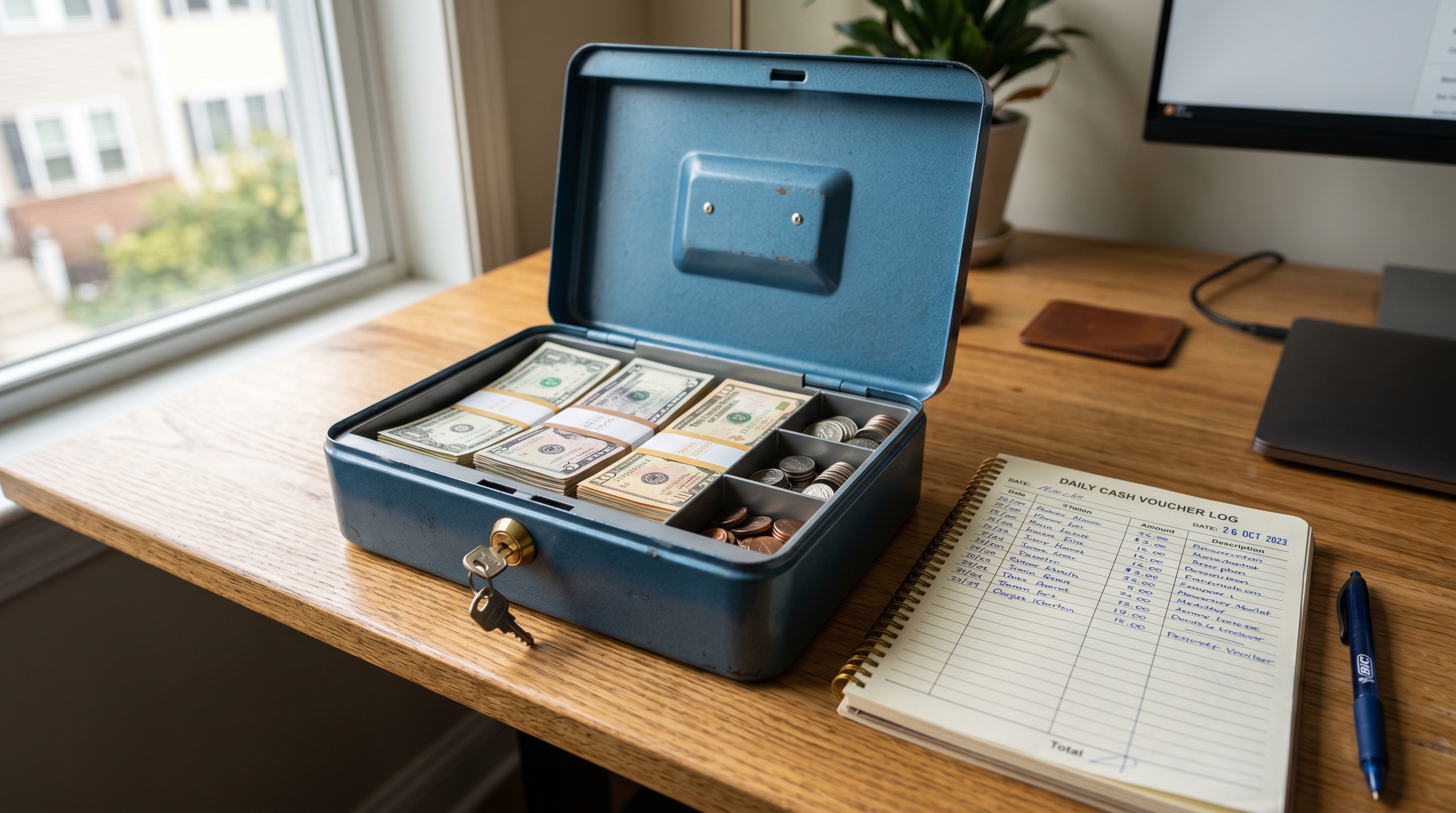 Open metal petty cash box with small bills, coins and a voucher log on an office desk