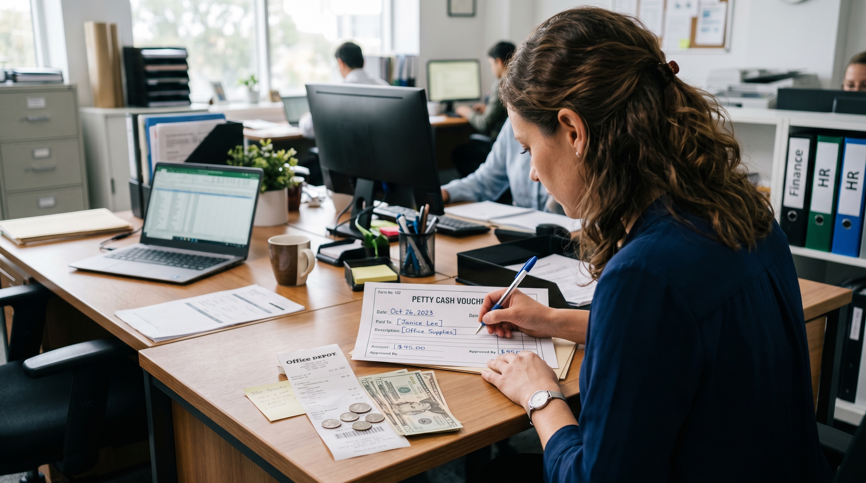 Office manager filling out a petty cash voucher with a receipt and small bills on her desk