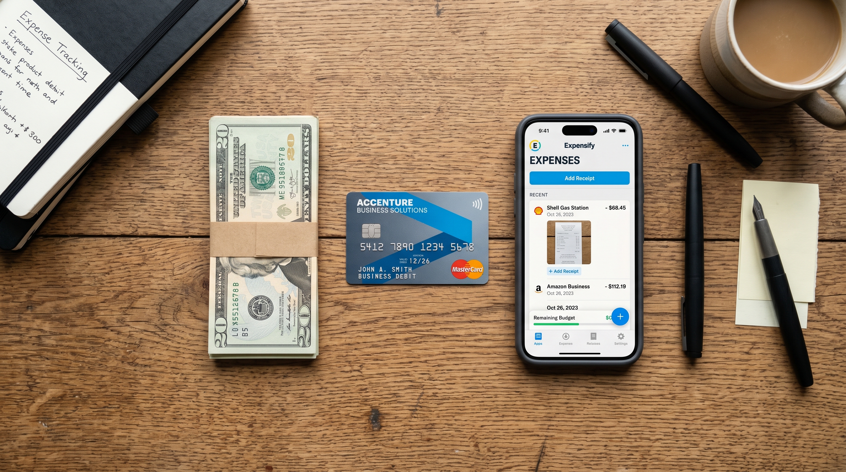 Flat-lay comparing petty cash, a company card and an expense app as ways to pay small costs